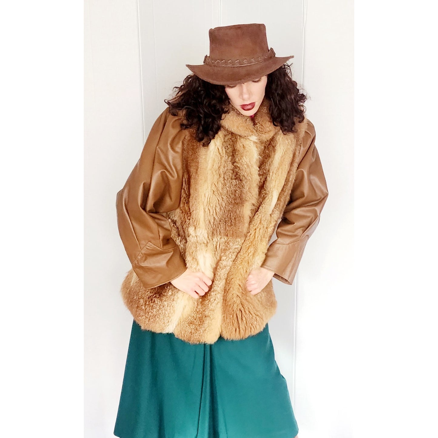 1970s Brown Leather Jacket w/Possum Fur Boho / Large