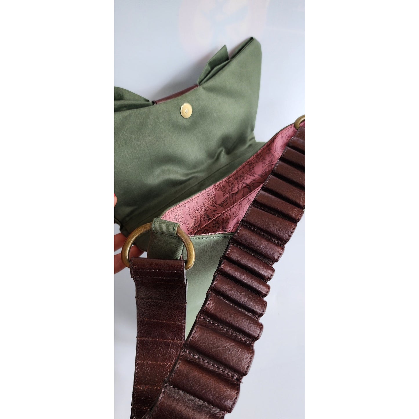 Vintage John Galliano Bag Green Fabric & Brown Leather w/ Bow Design