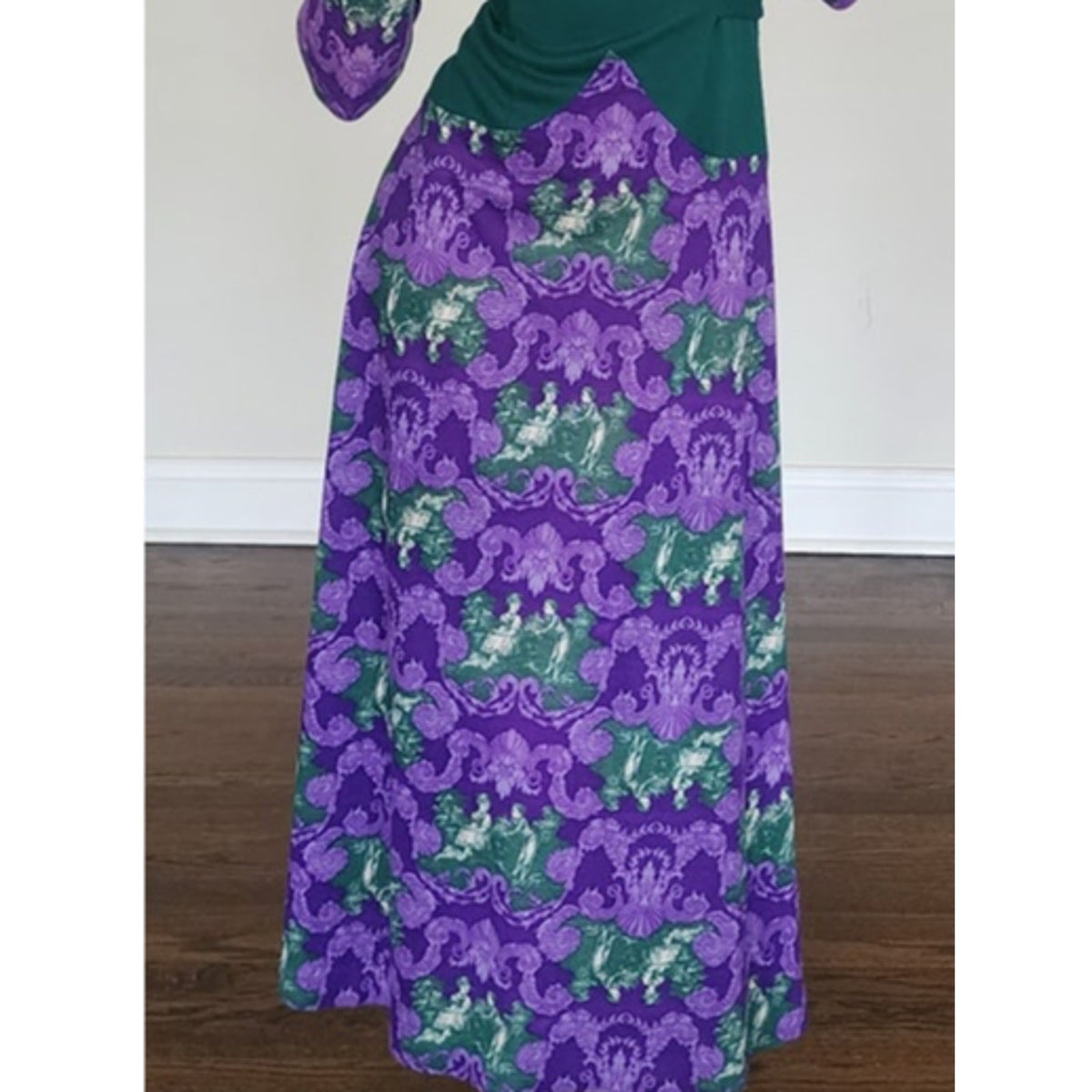 Vintage 1970s Maxi Dress Purple Green French Toile Print Renaissance Baroque Boho Witch Princess
