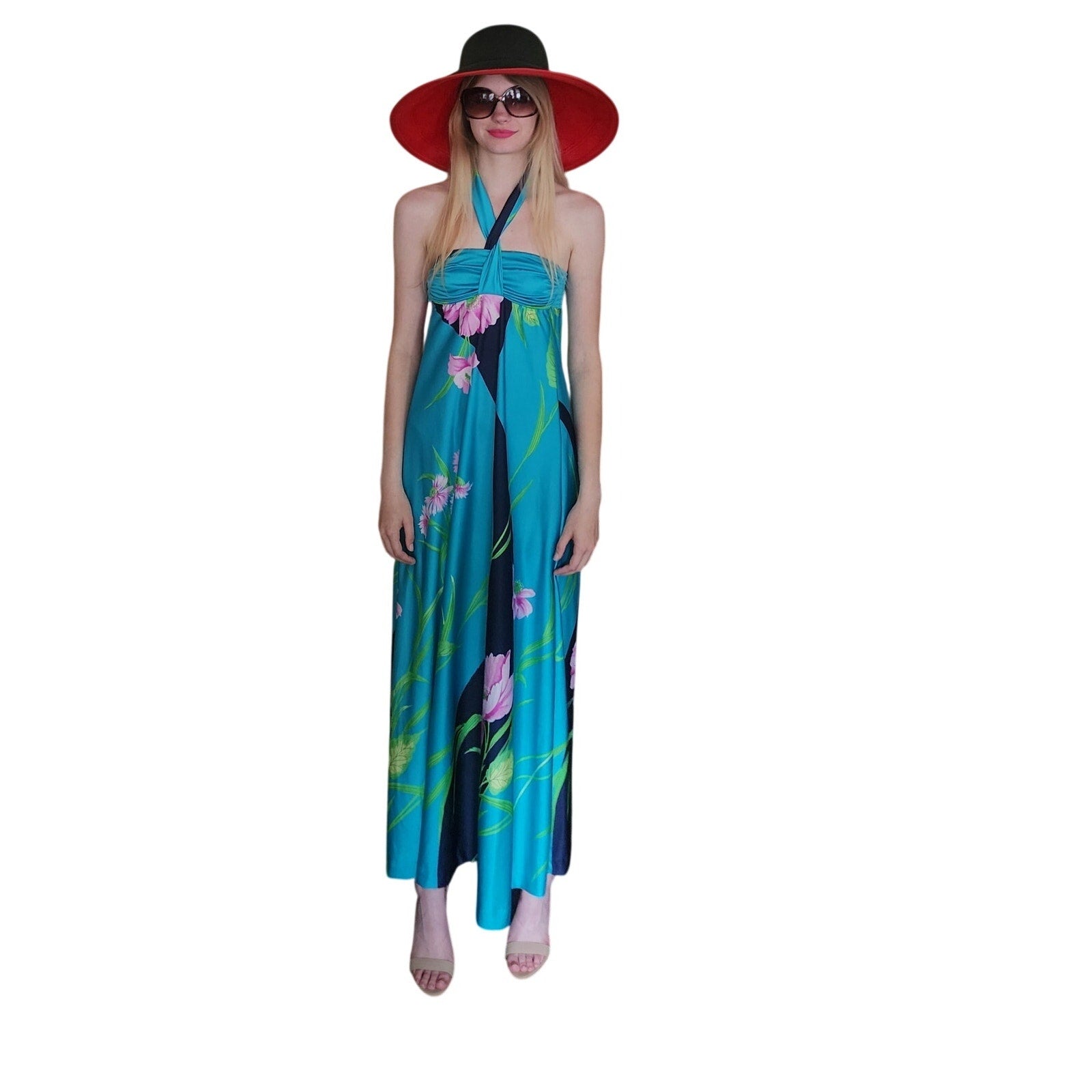 Vintage 70s Summer Dress Floral Print Halter Maxi Multicolor Tropical – RareJule Vintage
