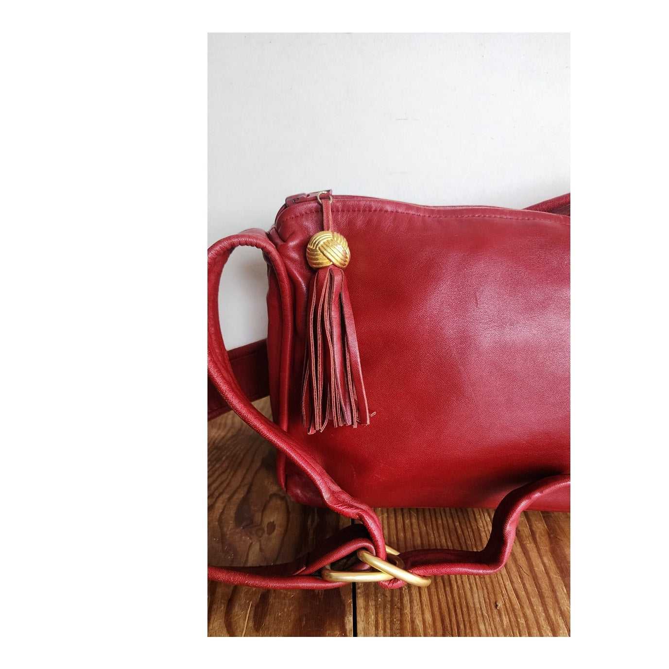 80s Red Leather Shoulder Bag Anne Klein Gold Tassel