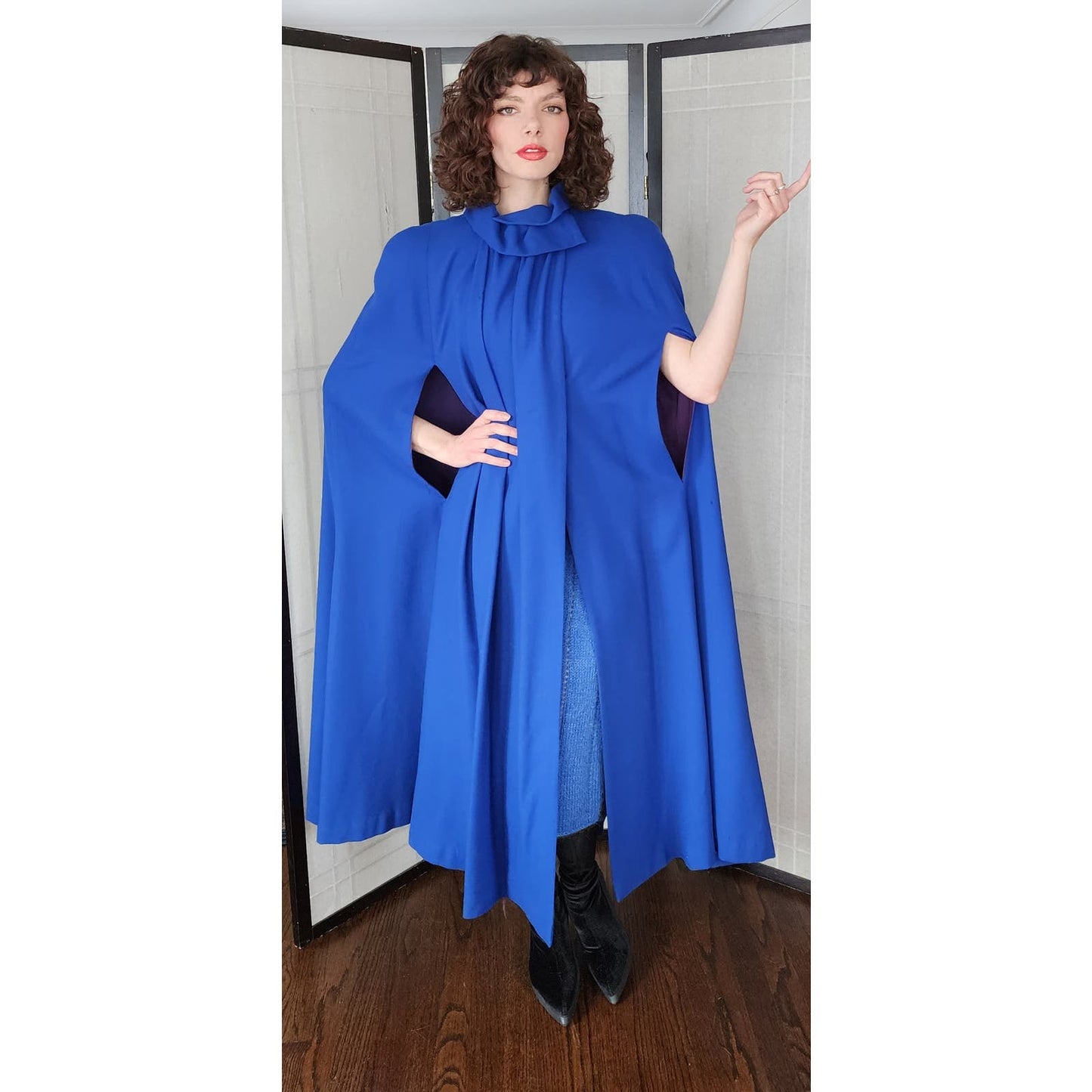 Vintage Blue Wool Cloak 80s Does 40s Large Shoulders