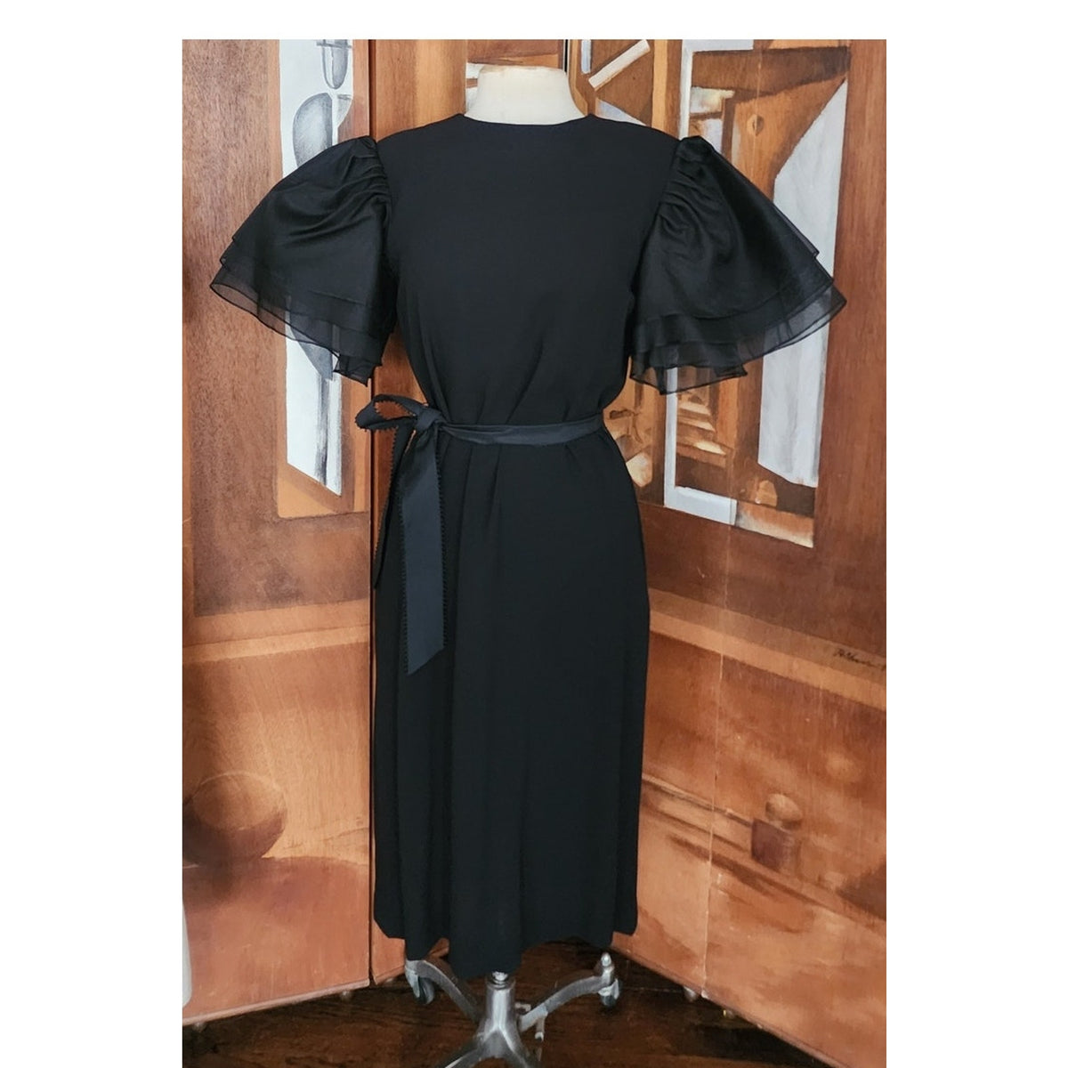 Vintage 1980s Bill Blass Party Dress Black Organza Puffy Sleeve Belted Medium