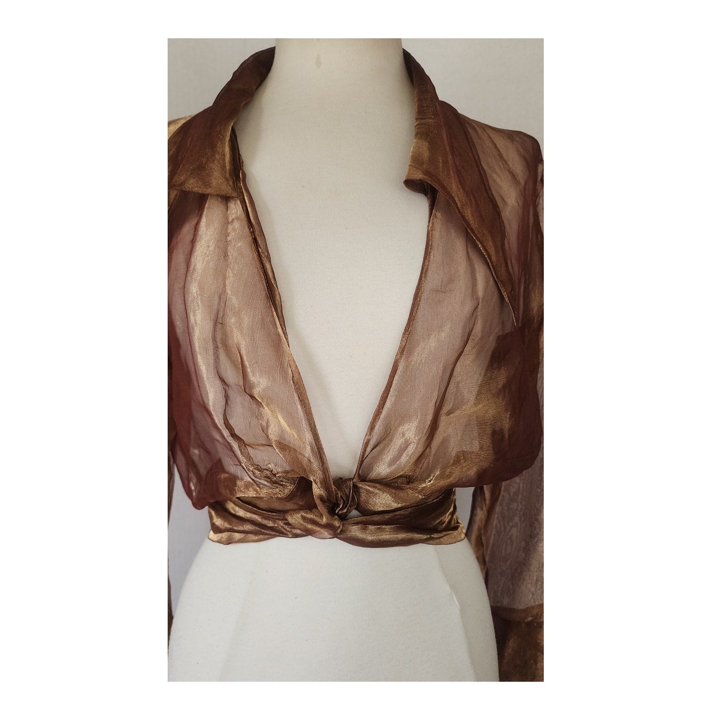 Vintage 90s Sheer Organza Blouse Jacket Copper Brown Sash Tie Belt