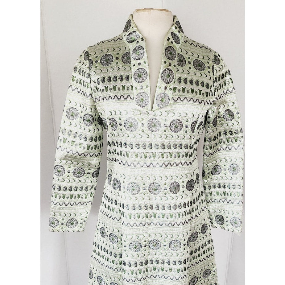 Vintage 60s Brocade Dress Silver Green Metallic Psychedelic Print
