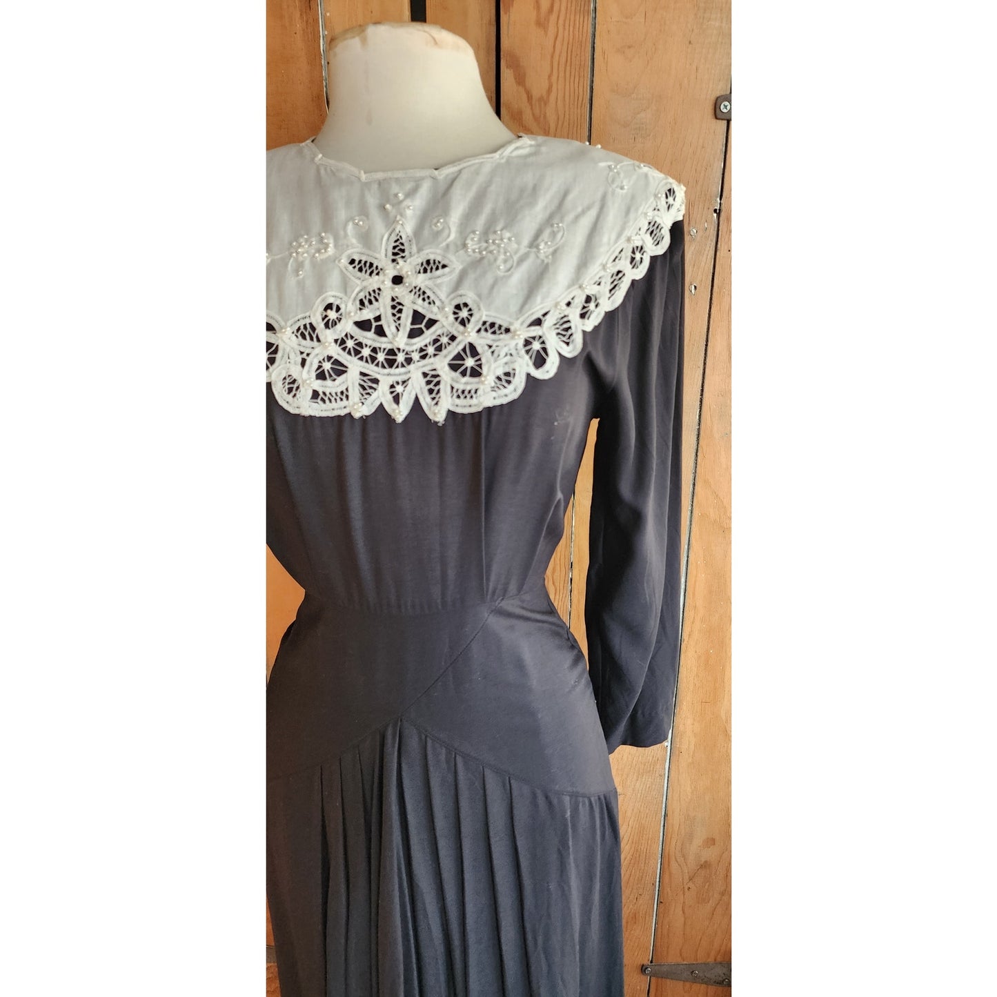 Vintage 80s Black Dress Lace Collar Neo Edwardian