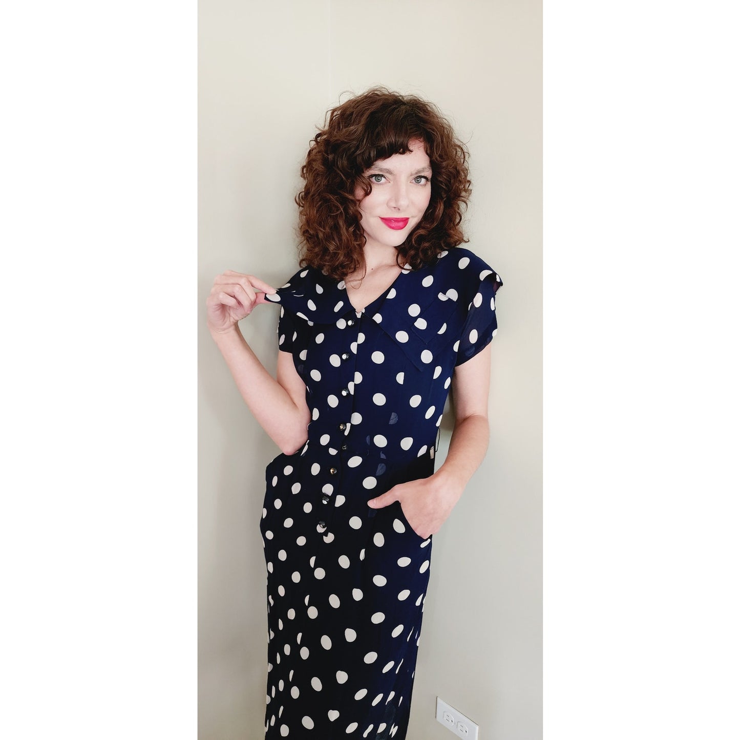 Vintage 40s Rayon Print Dress Navy Blue Polkadot  S