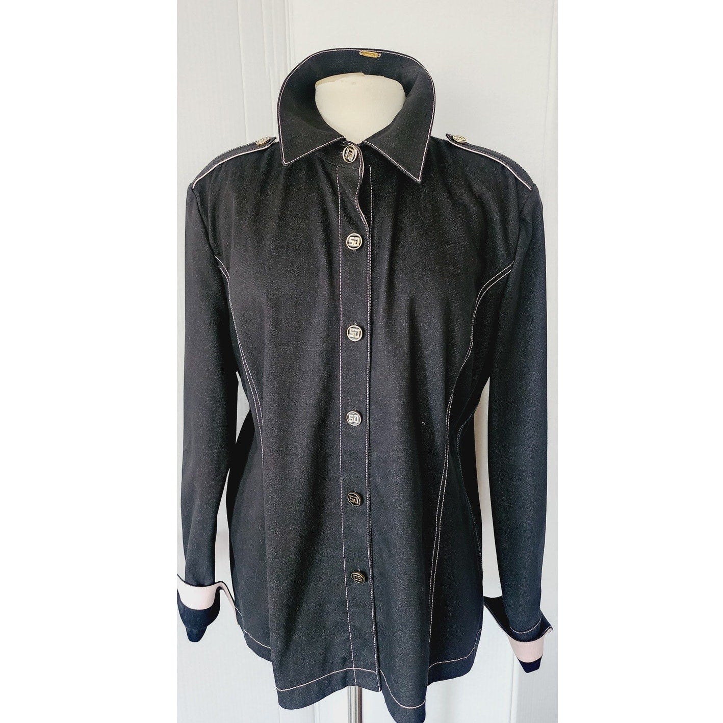 St John Sport Jacket Black Denim Button Down / Large