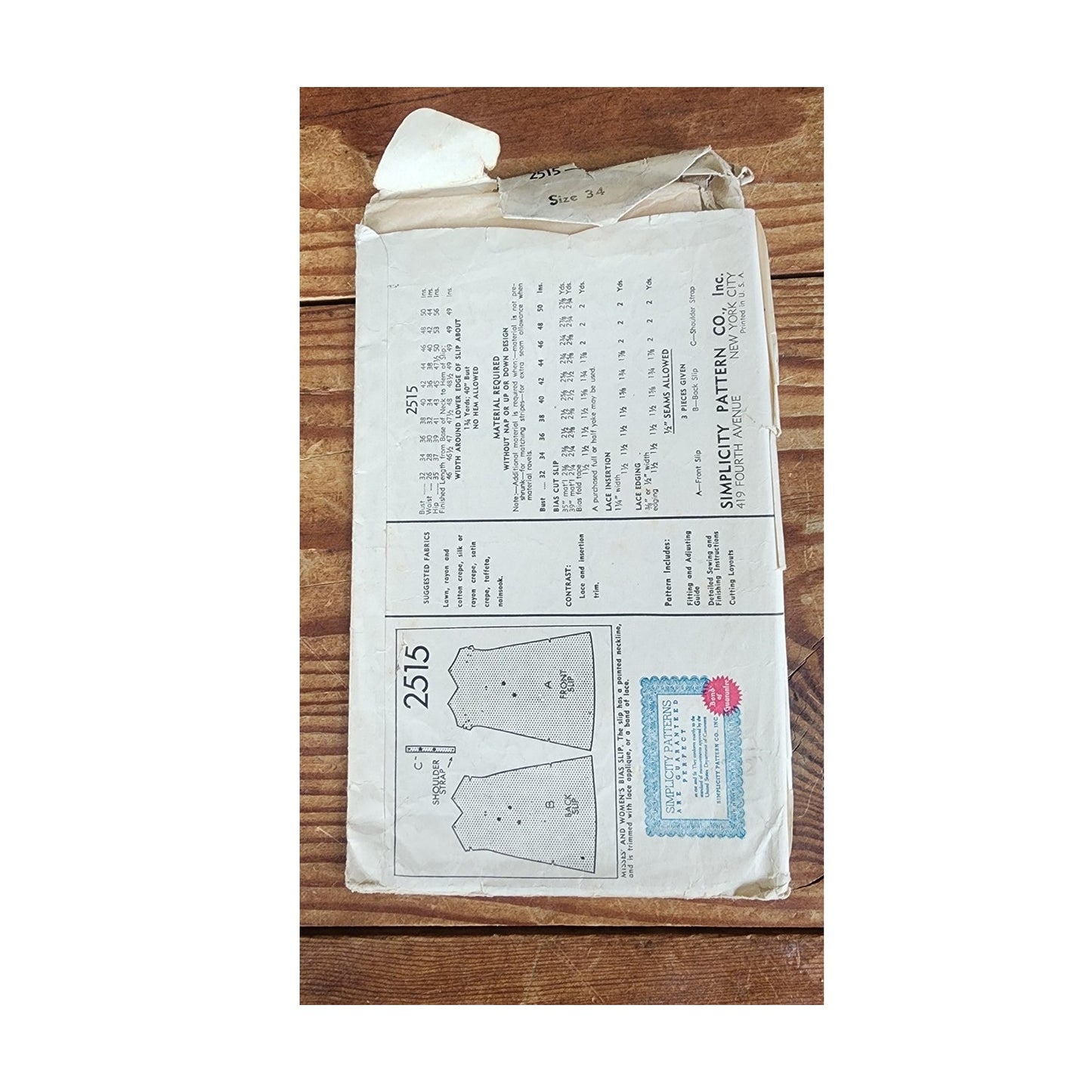 1930s Sewing Pattern: Bias Slip Dress Simplicity 2515