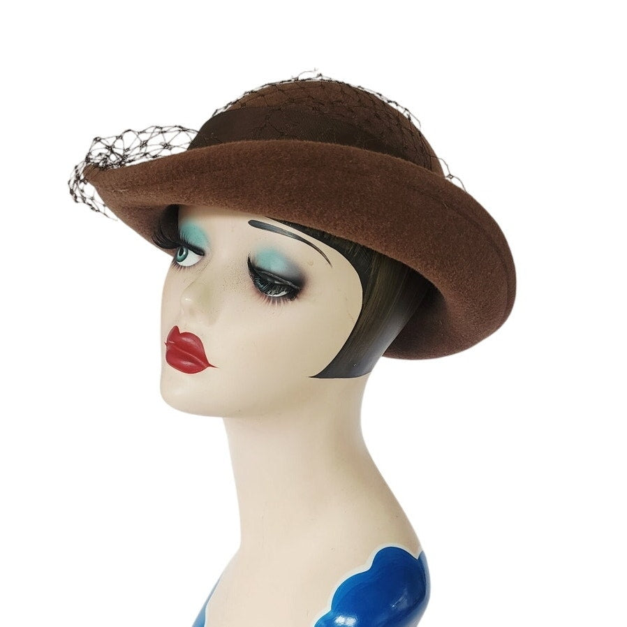 Vintage 1980s Ladies Bowler Hat Brown Wool w/Veil & Bow Betmar