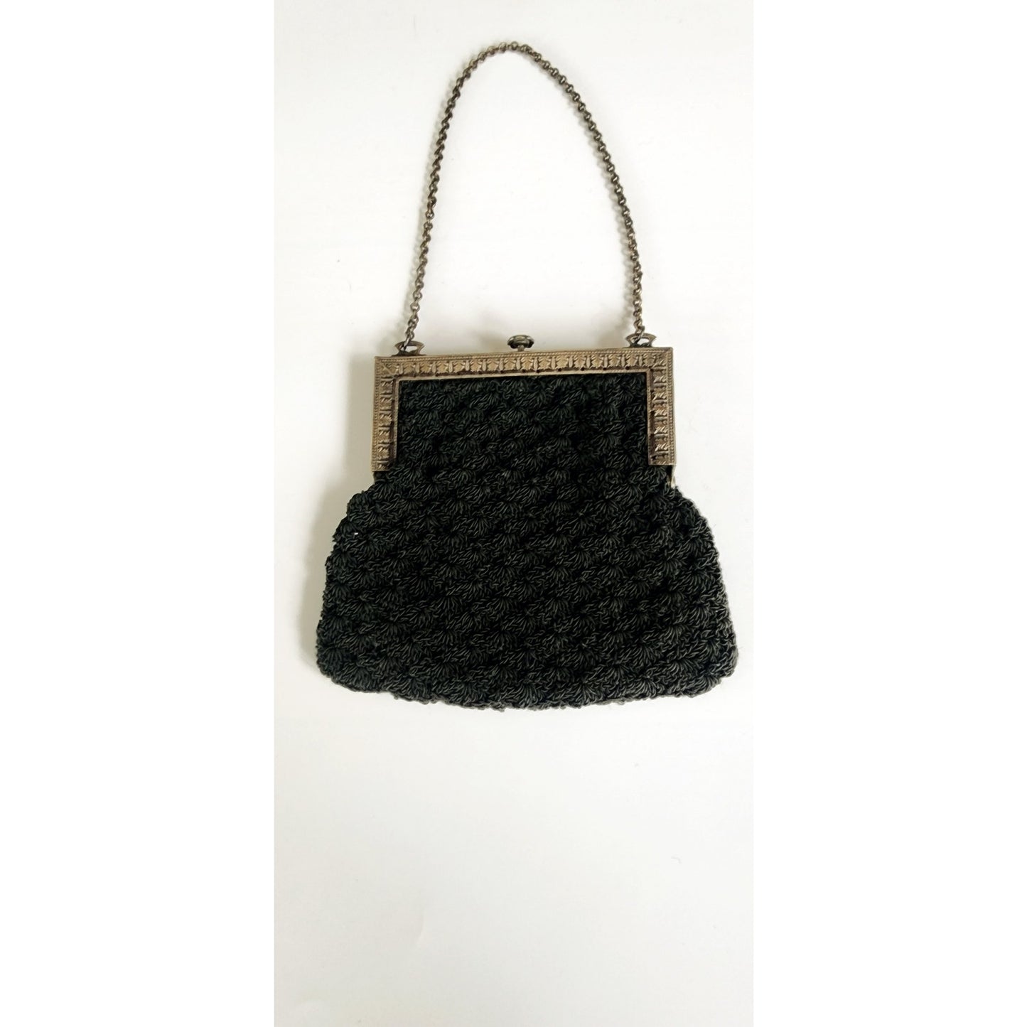 Antique Black Crochet Bag Silver Metal Etched Frame Edwardian 1910s Purse