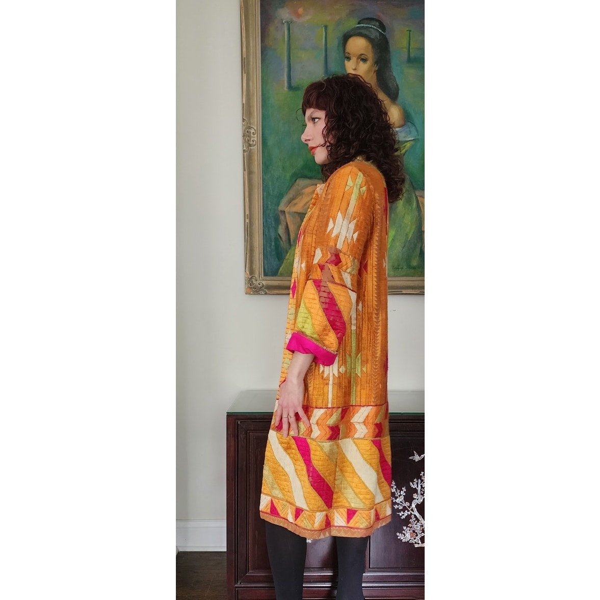 Antique Silk Patchwork Coat Artistinal Boho Gold Fuschia Folk Geometric