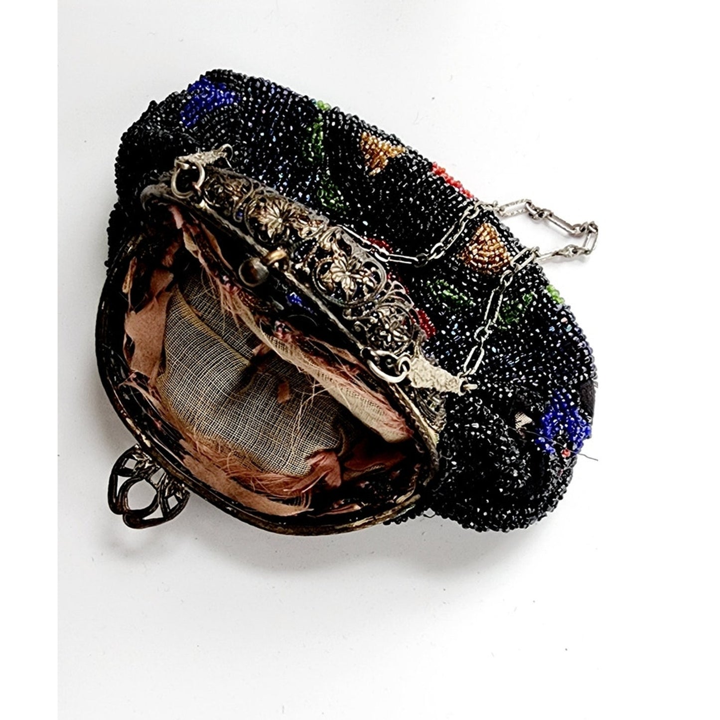 Antique Black Beaded Bag Colorful Flowers Ornate Metal Clasp AS IS