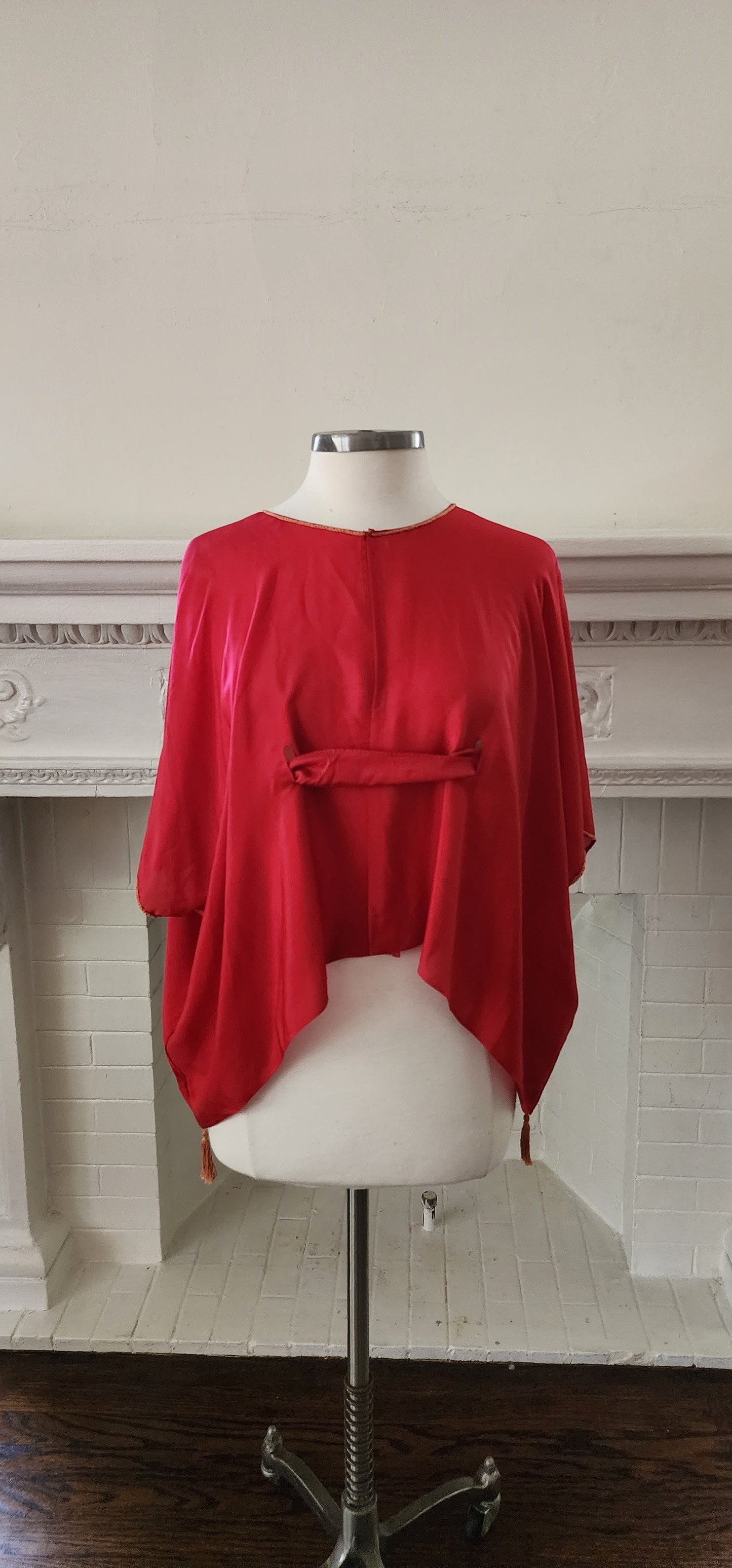 20s Red Silk Blouse Tunic w/Front Belt Sash