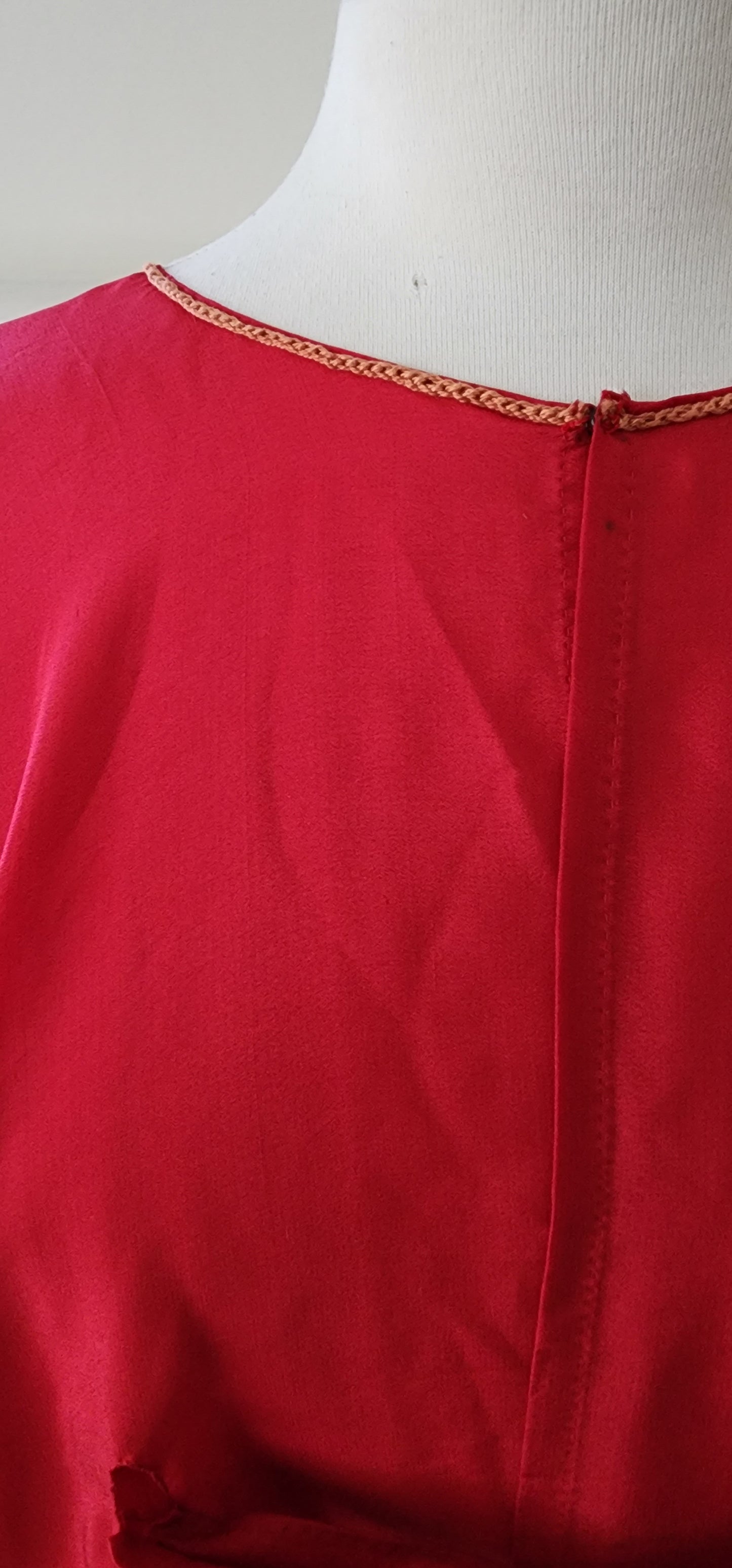 20s Red Silk Blouse Tunic w/Front Belt Sash