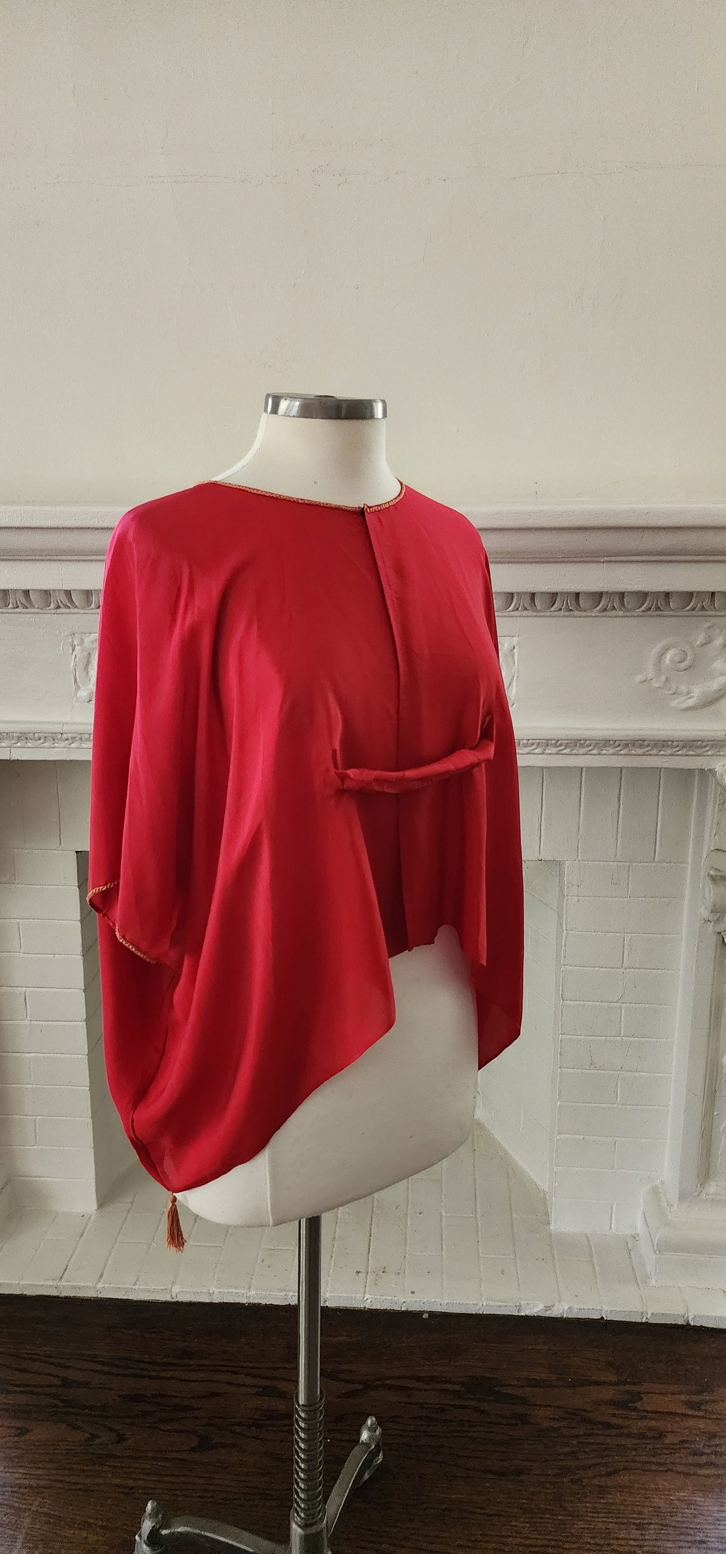 20s Red Silk Blouse Tunic w/Front Belt Sash