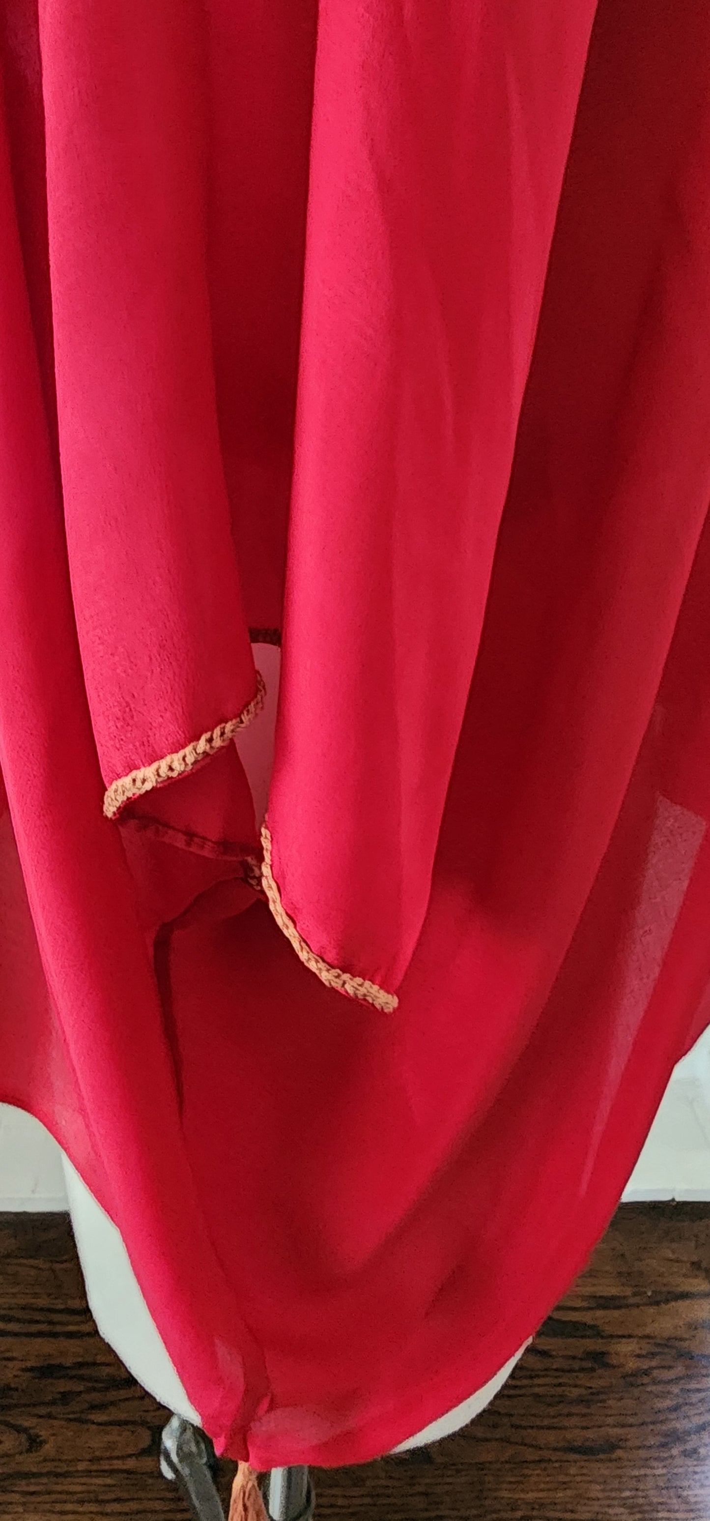 20s Red Silk Blouse Tunic w/Front Belt Sash