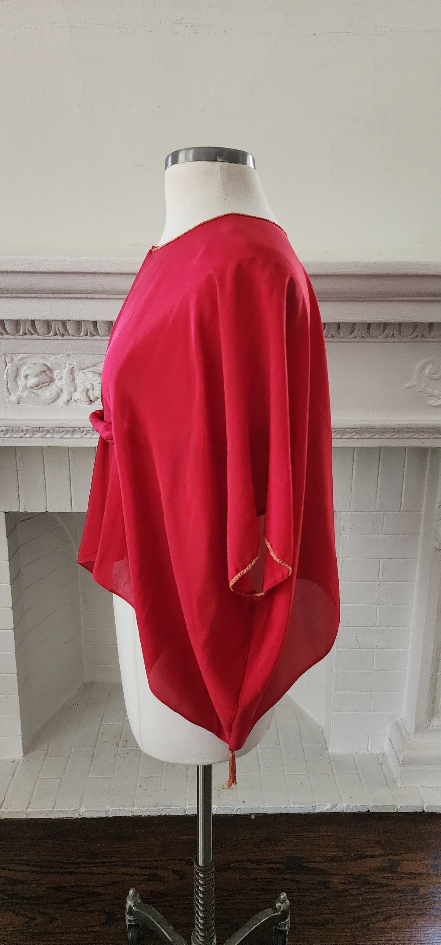 20s Red Silk Blouse Tunic w/Front Belt Sash