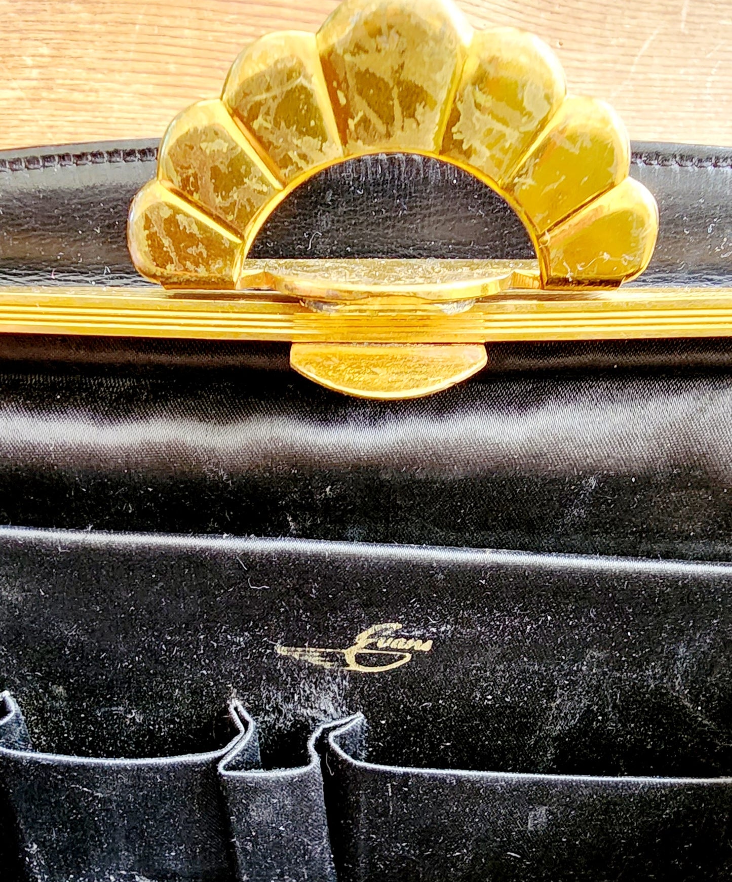 30s Black Leather Bag Gold Art Deco Clasp Evans