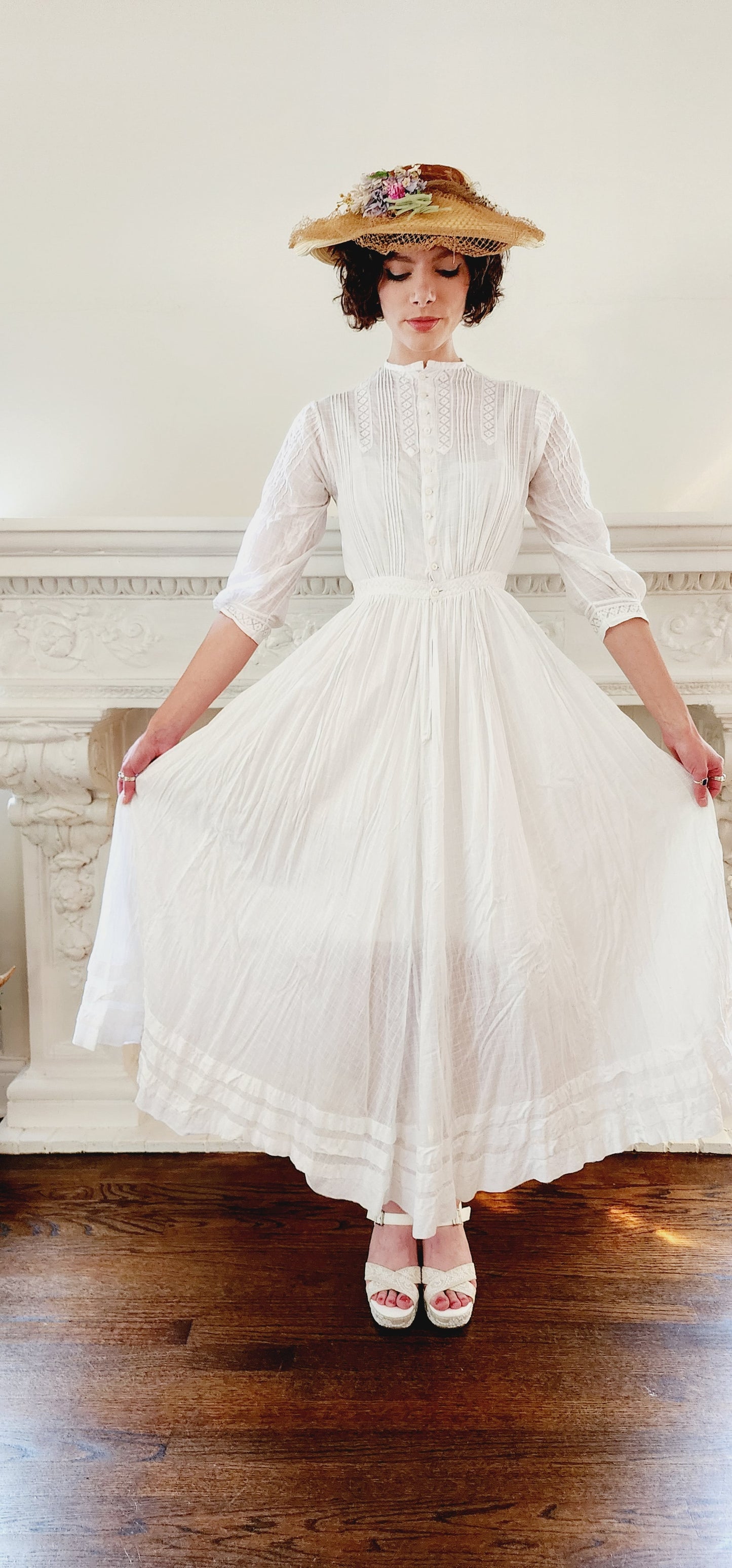 Edwardian White Cotton Day Dress Embroidered Lace Trim