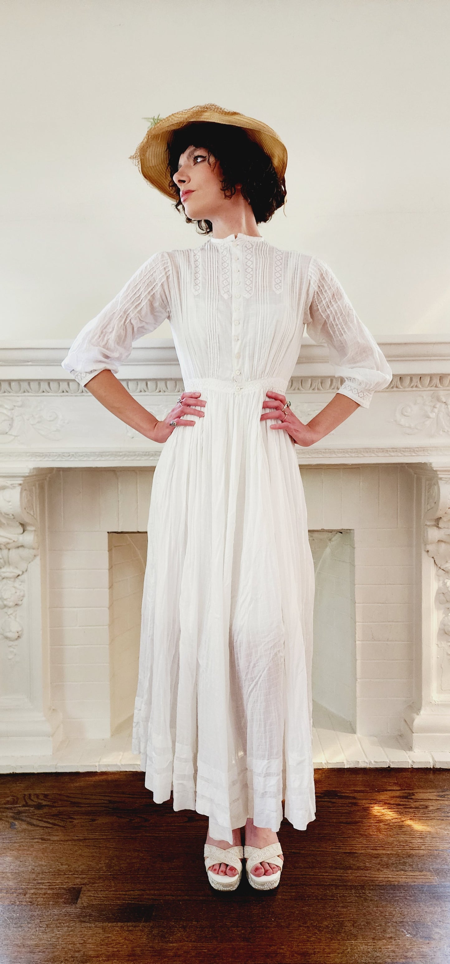 Edwardian White Cotton Day Dress Embroidered Lace Trim