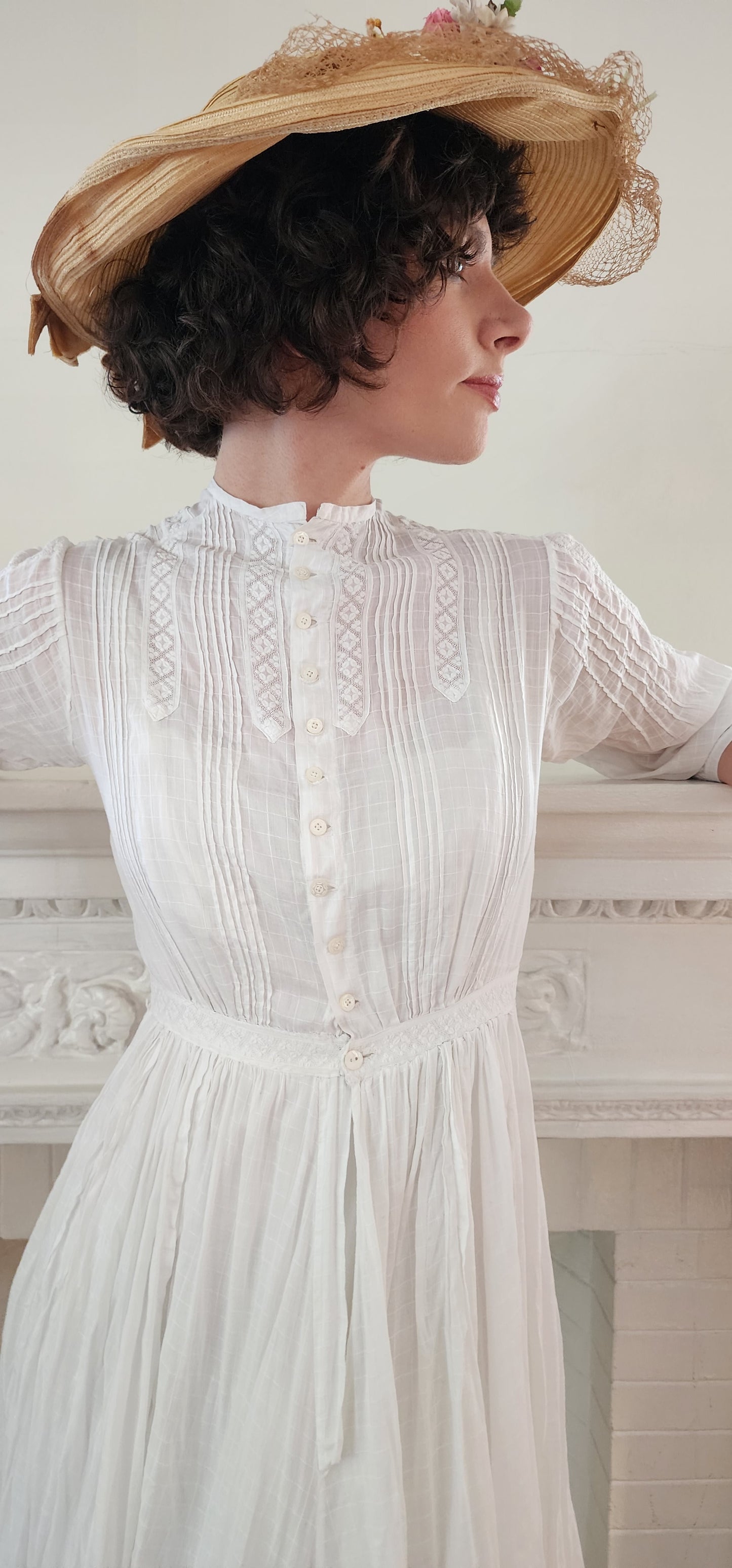 Edwardian White Cotton Day Dress Embroidered Lace Trim
