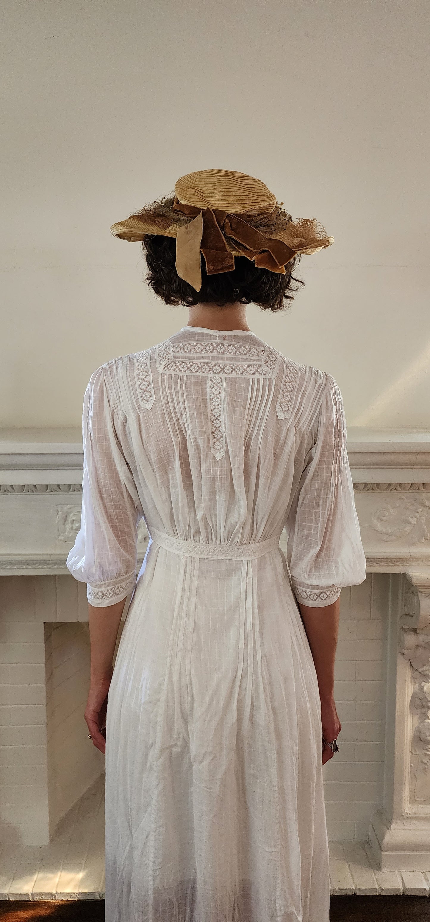 Edwardian White Cotton Day Dress Embroidered Lace Trim