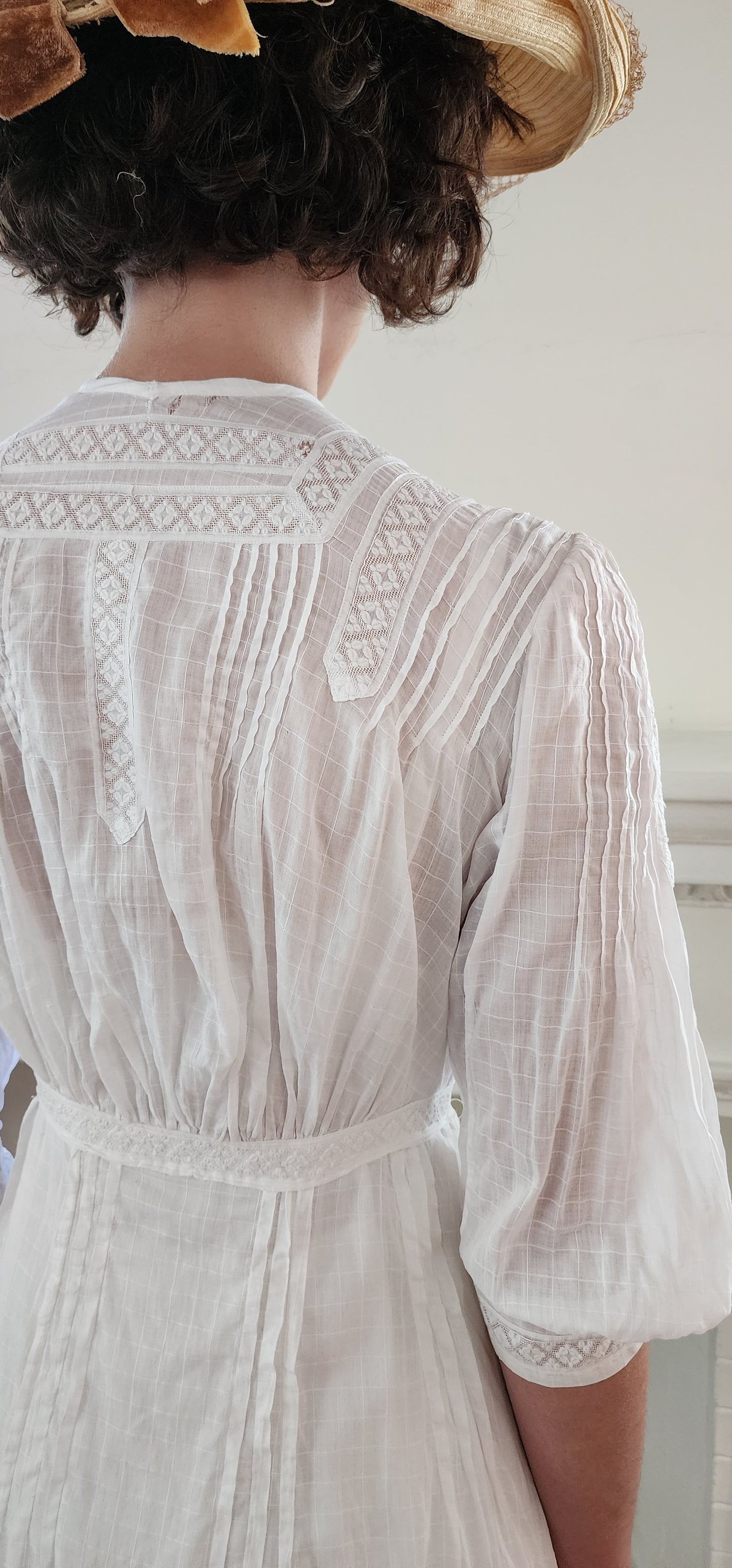 Edwardian White Cotton Day Dress Embroidered Lace Trim