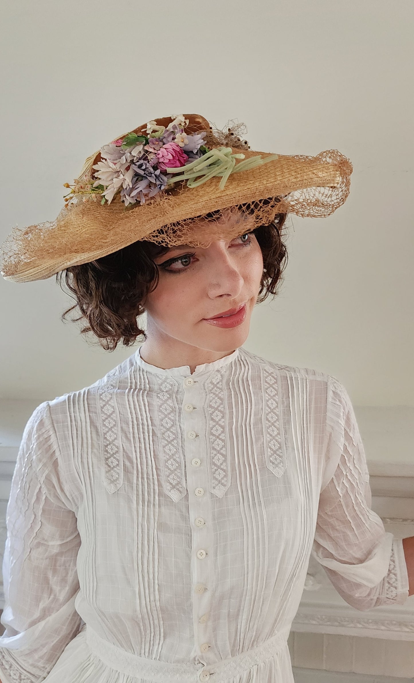 30s Beige Straw Summer Hat - Wide Brimmed with Veil and Flowers