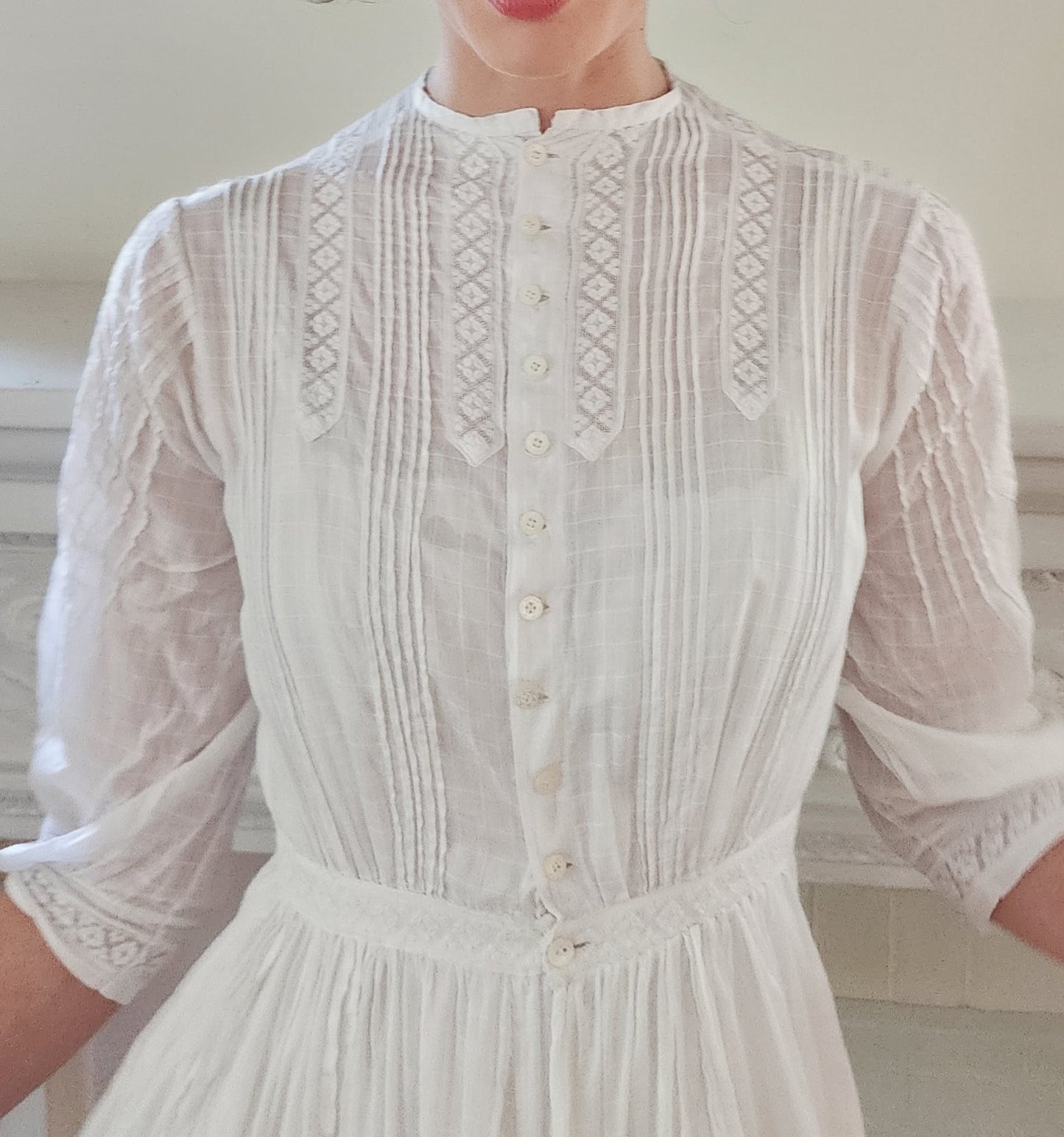 Edwardian White Cotton Day Dress Embroidered Lace Trim
