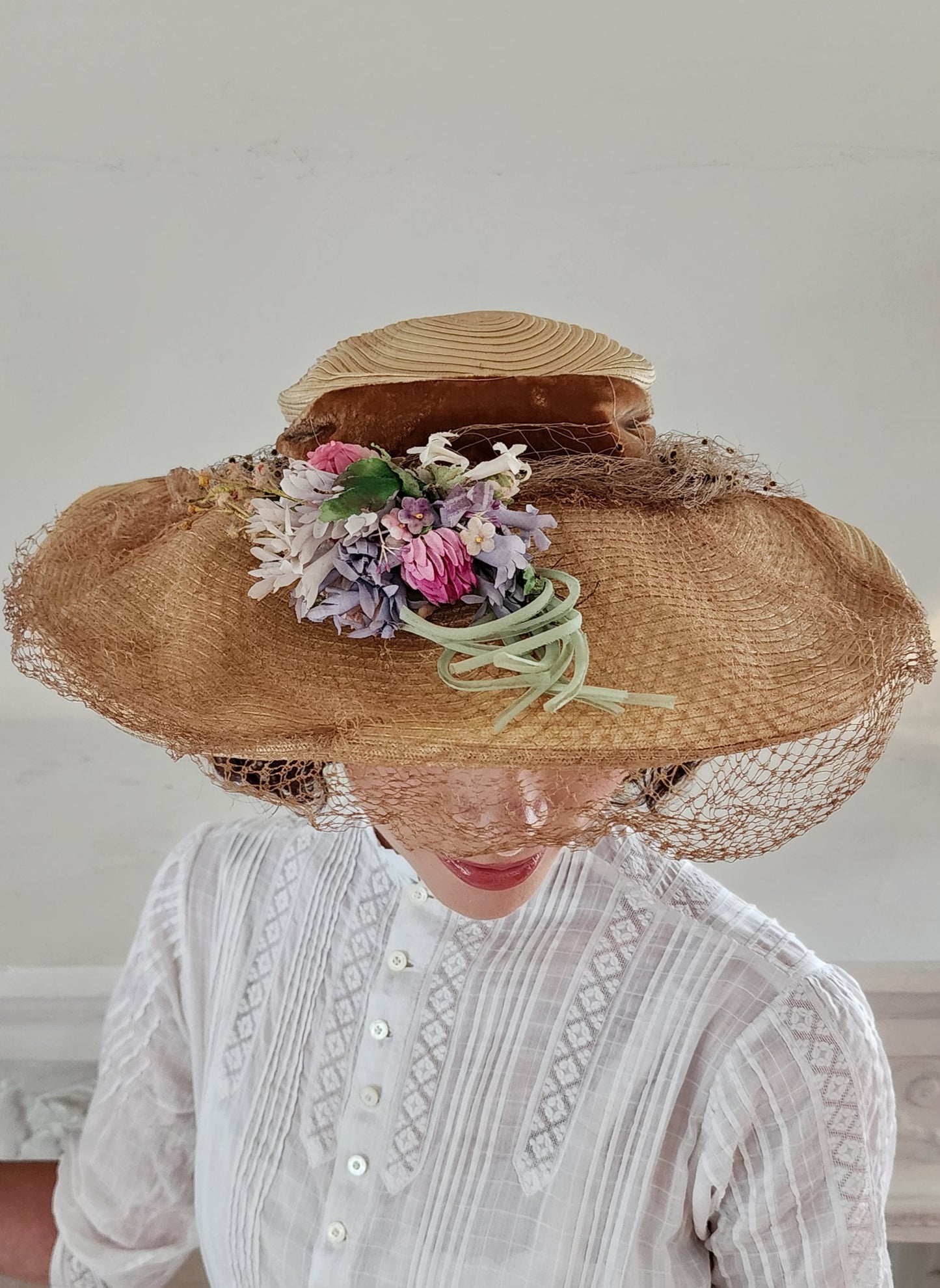 30s Beige Straw Summer Hat - Wide Brimmed with Veil and Flowers