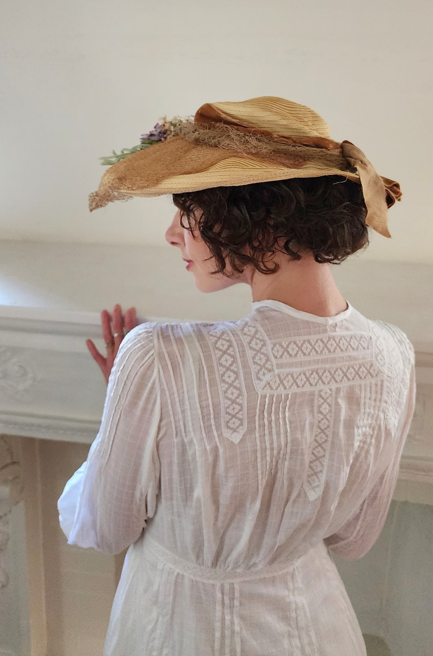 Edwardian White Cotton Day Dress Embroidered Lace Trim