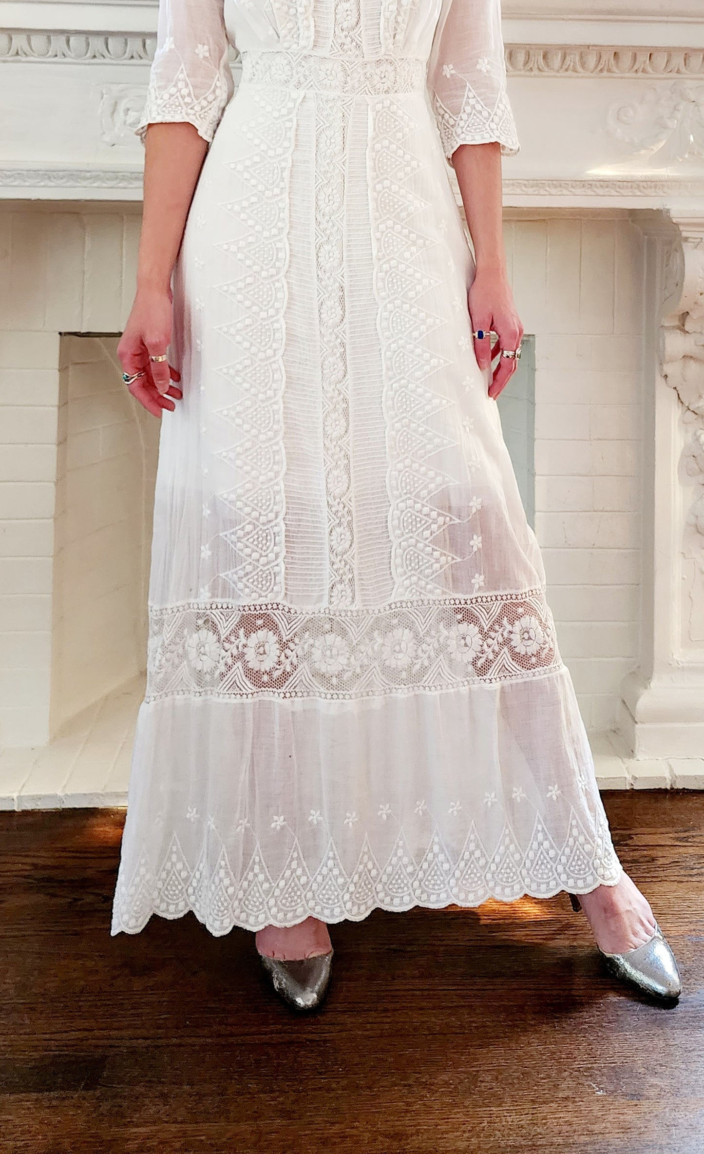 Edwardian White Cotton Lawn Dress Crochet Front Lace Embroidery Florence / S