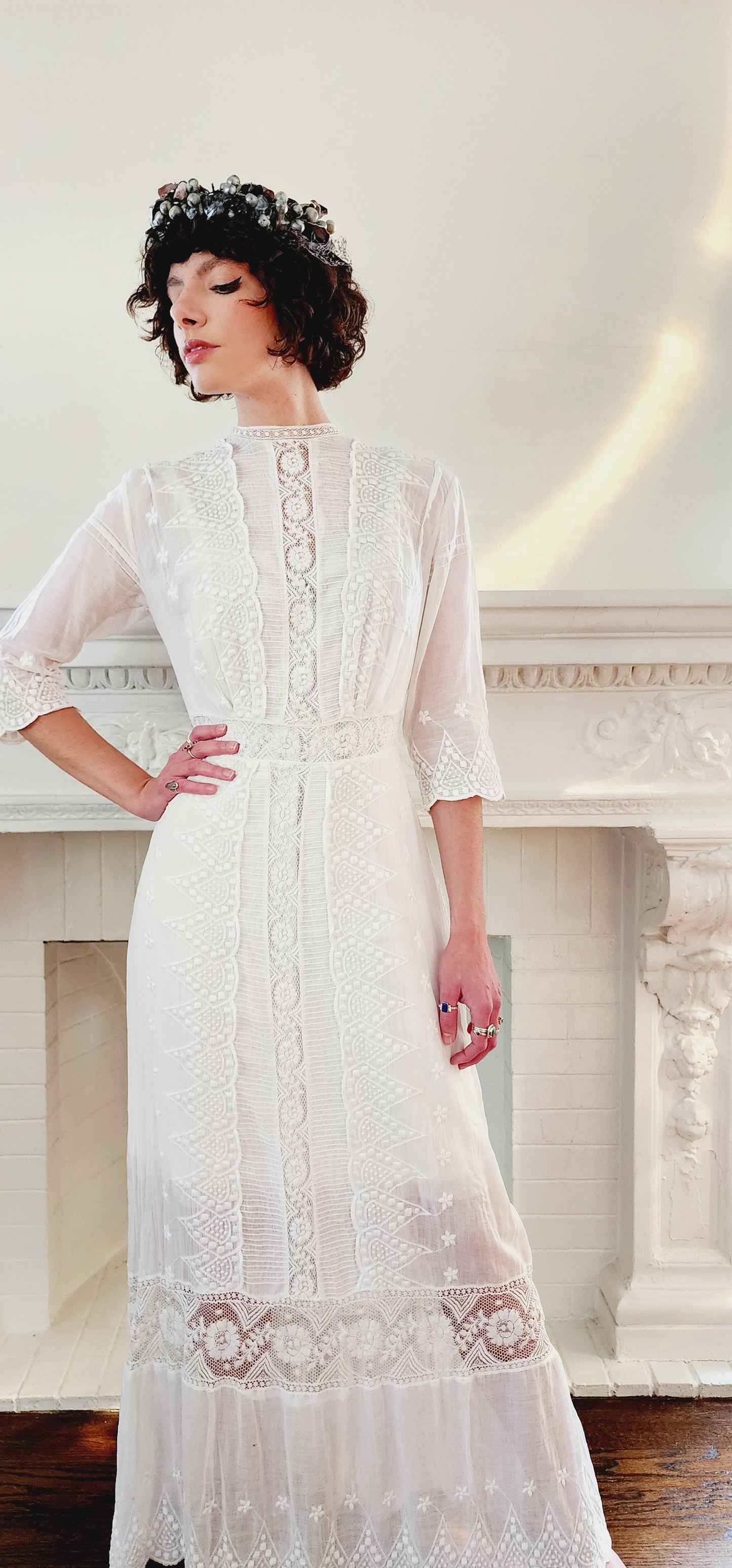 Edwardian White Cotton Lawn Dress Crochet Front Lace Embroidery Florence / S
