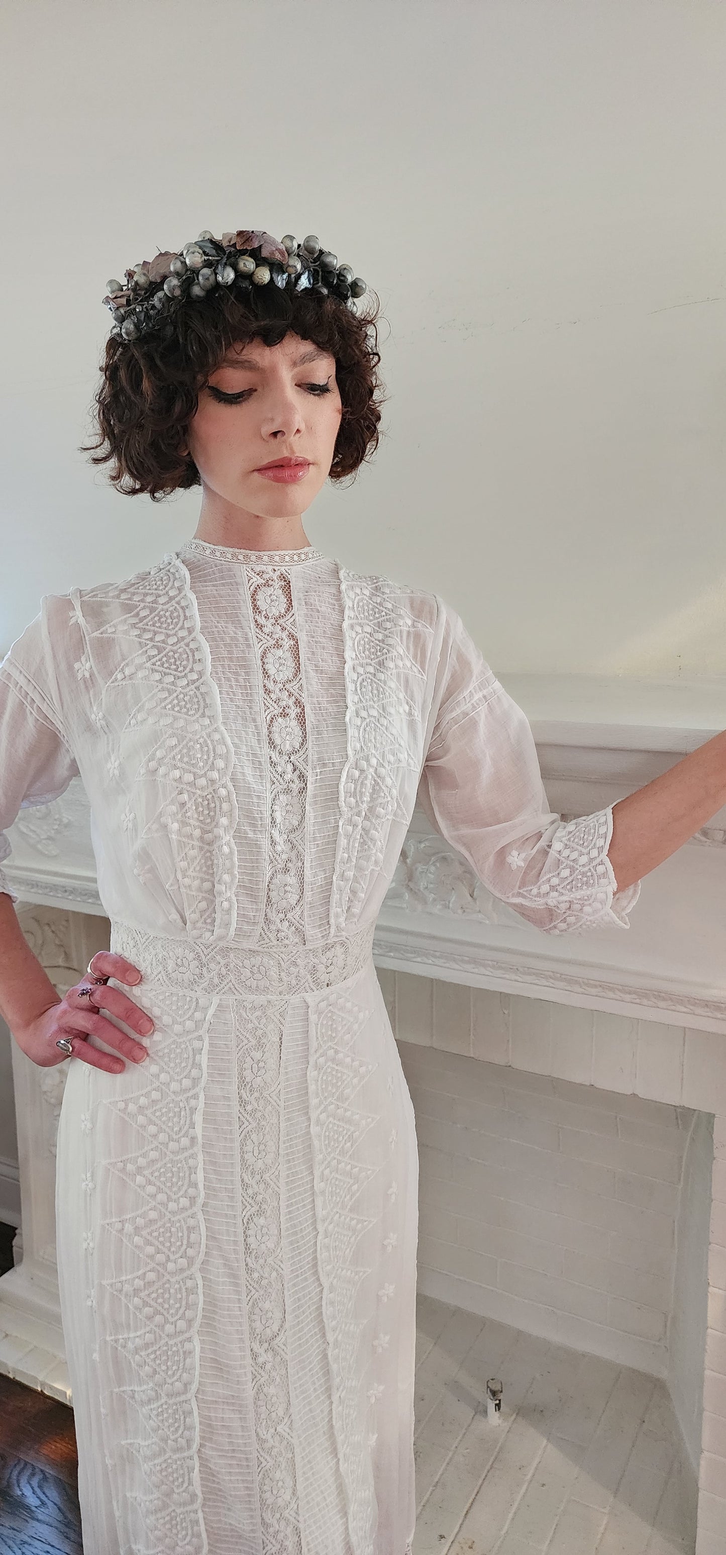 Edwardian White Cotton Lawn Dress Crochet Front Lace Embroidery Florence / S