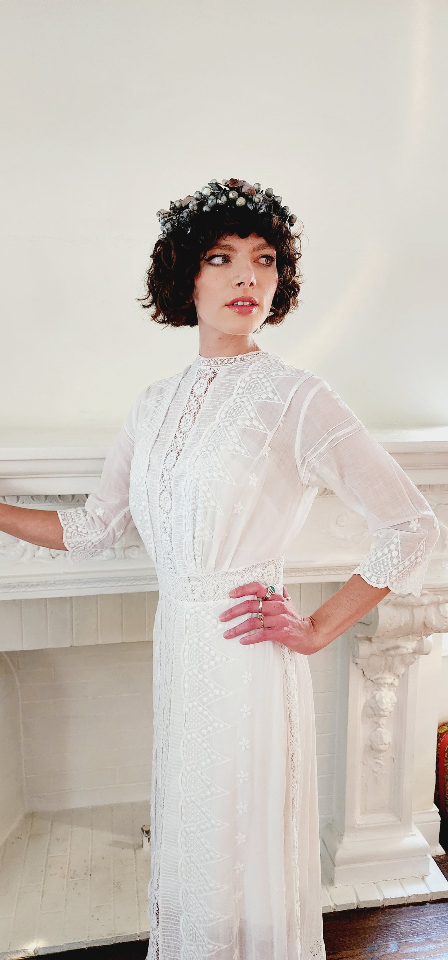 Edwardian White Cotton Lawn Dress Crochet Front Lace Embroidery Florence / S