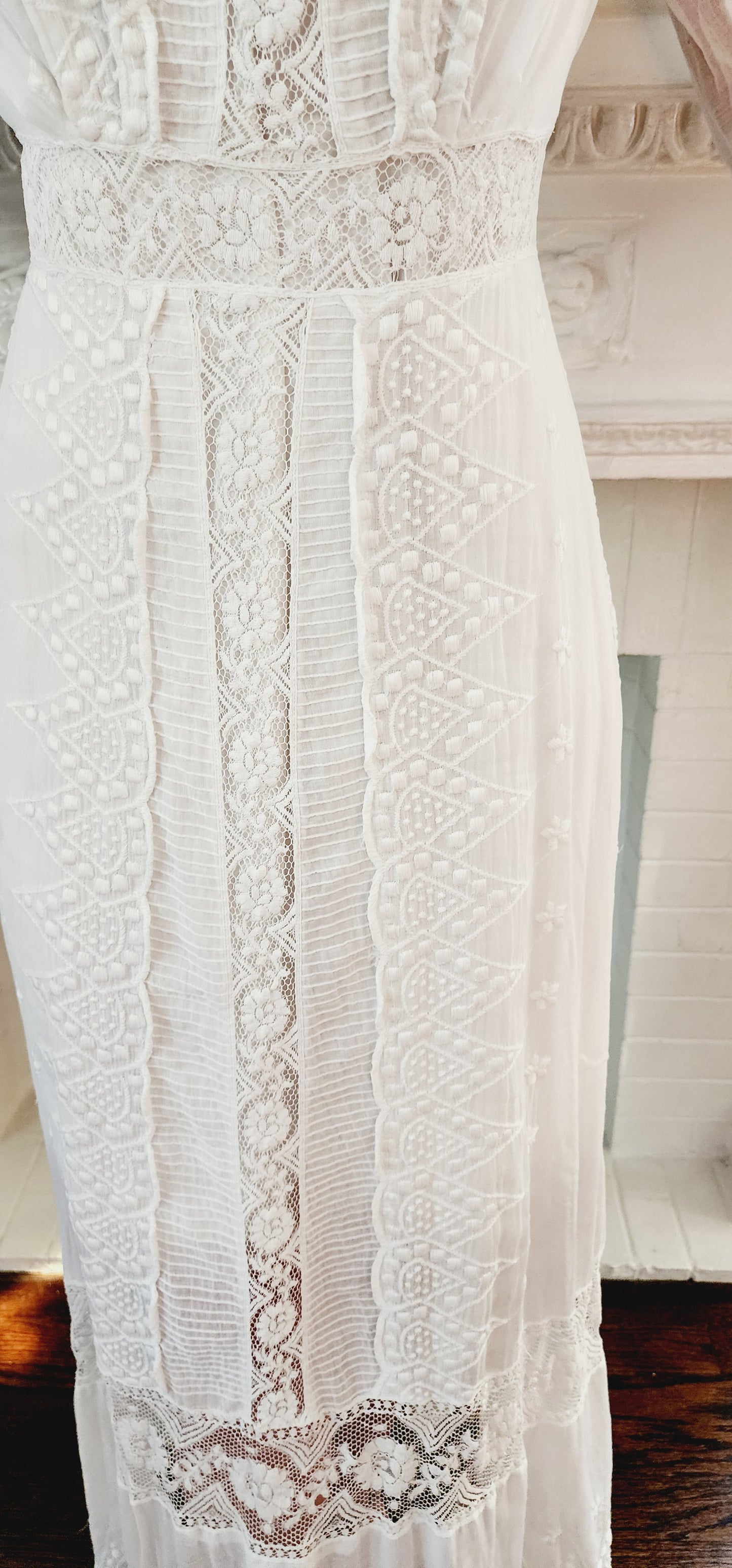 Edwardian White Cotton Lawn Dress Crochet Front Lace Embroidery Florence / S