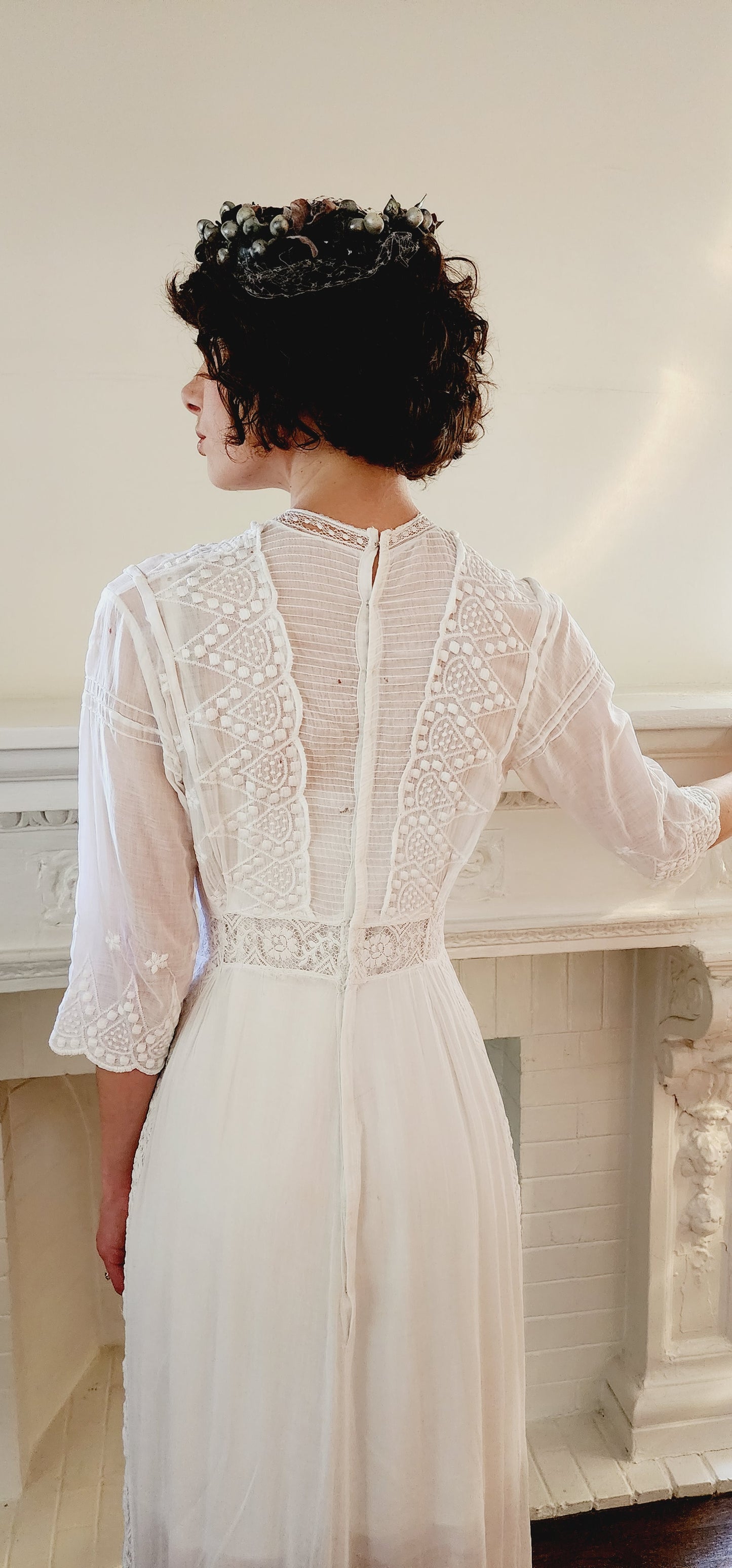 Edwardian White Cotton Lawn Dress Crochet Front Lace Embroidery Florence / S