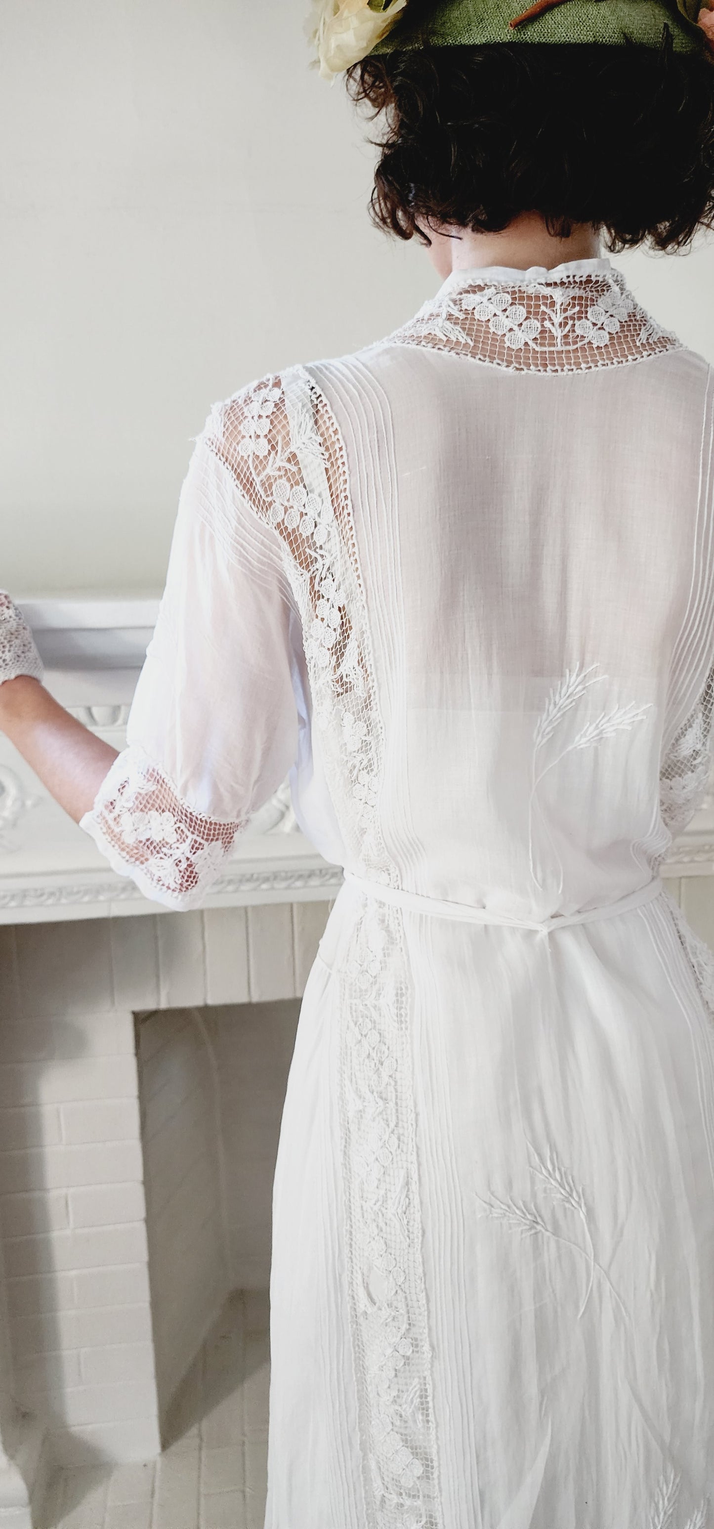 1910s 1920s White Cotton Tea Dress Sash Belt Button Down Front