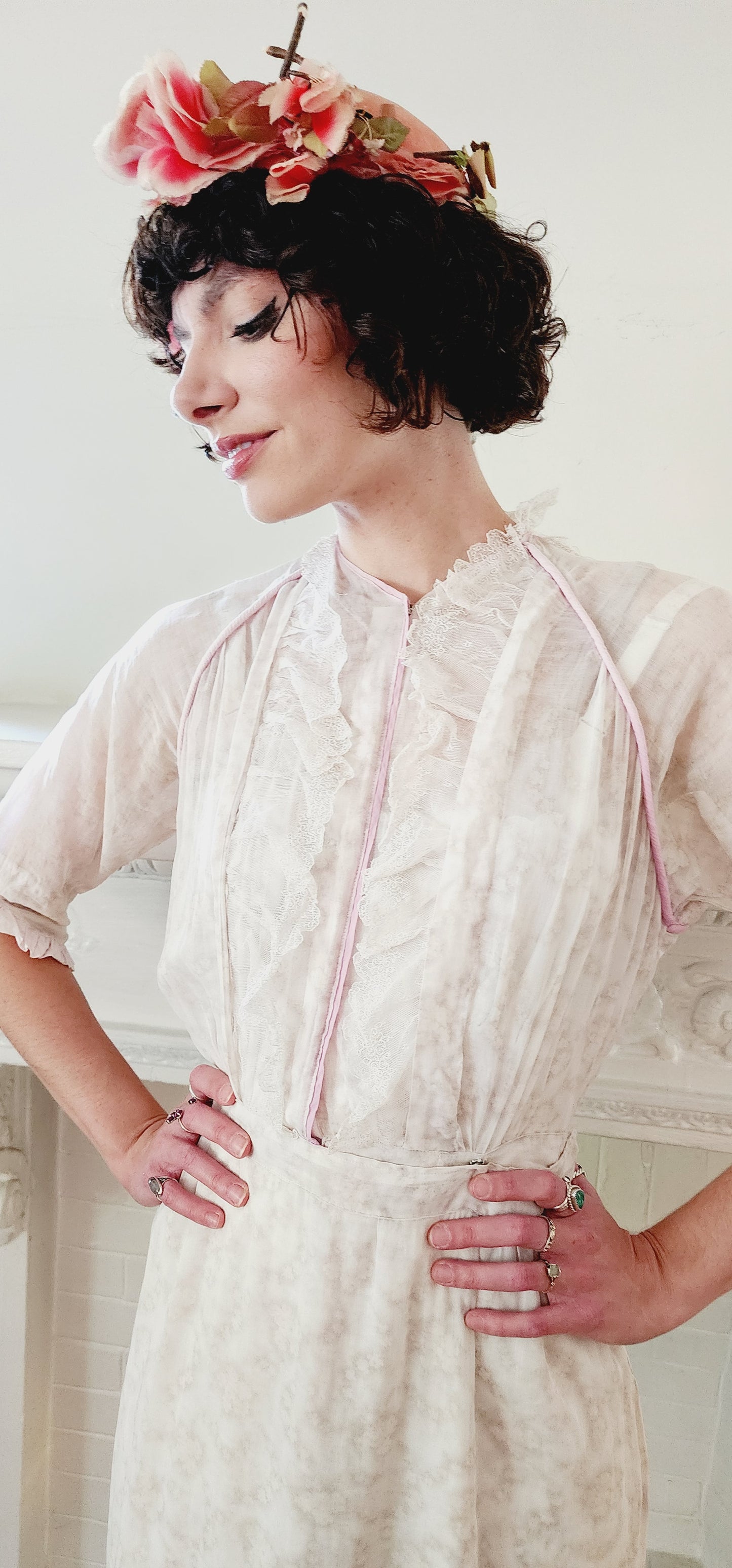 Edwardian Dress Subtle Floral Print w/ Pink Trim S