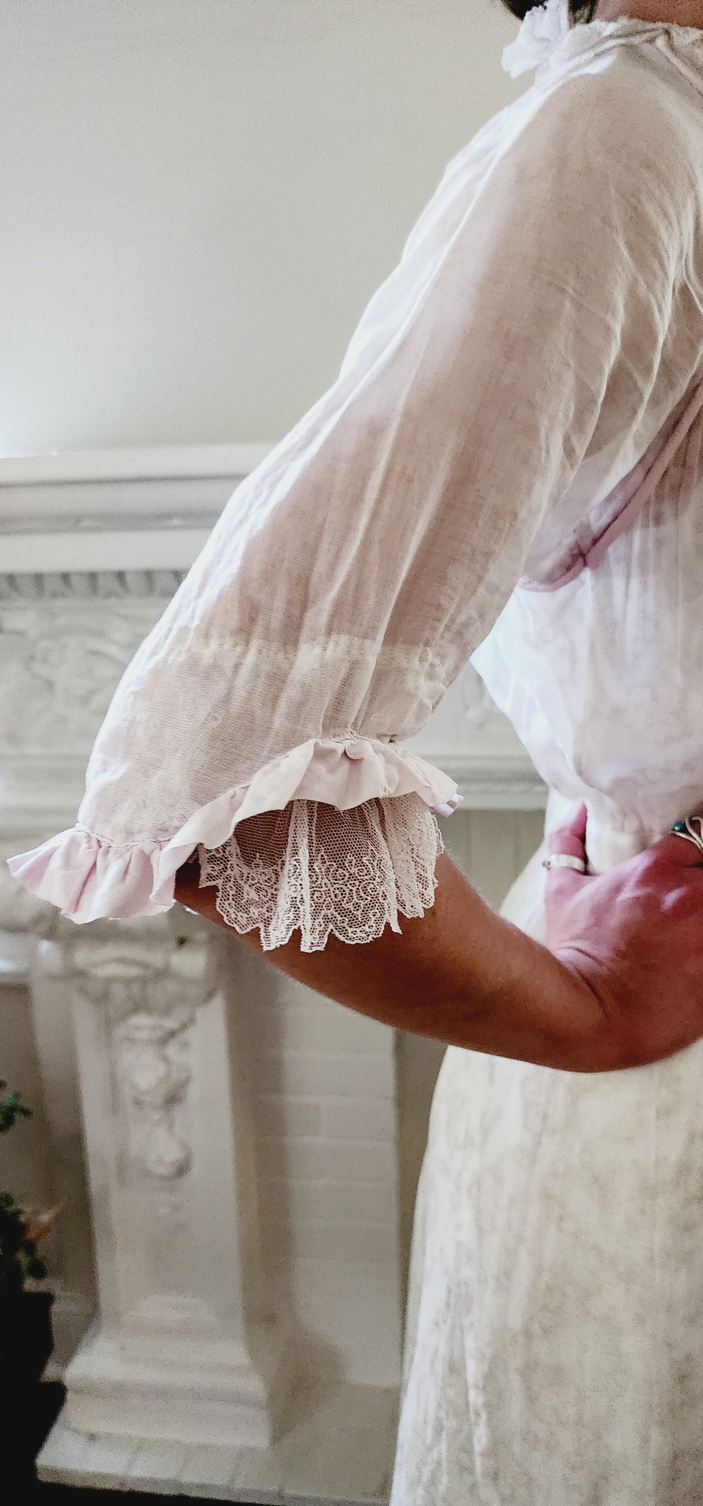 Edwardian Dress Subtle Floral Print w/ Pink Trim S