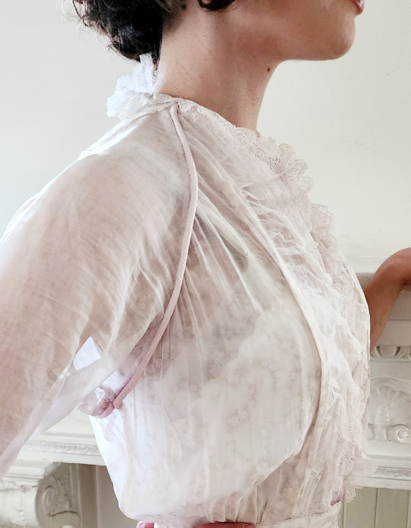 Edwardian Dress Subtle Floral Print w/ Pink Trim S