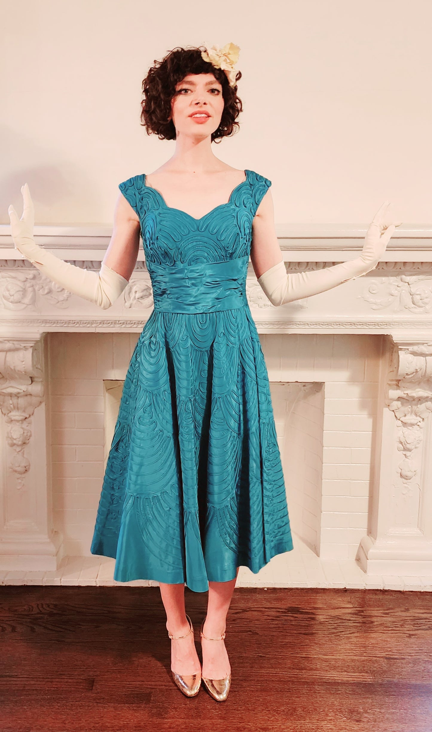 50s Aqua Blue Silk Ribbon Party Dress by Smart Miss / S