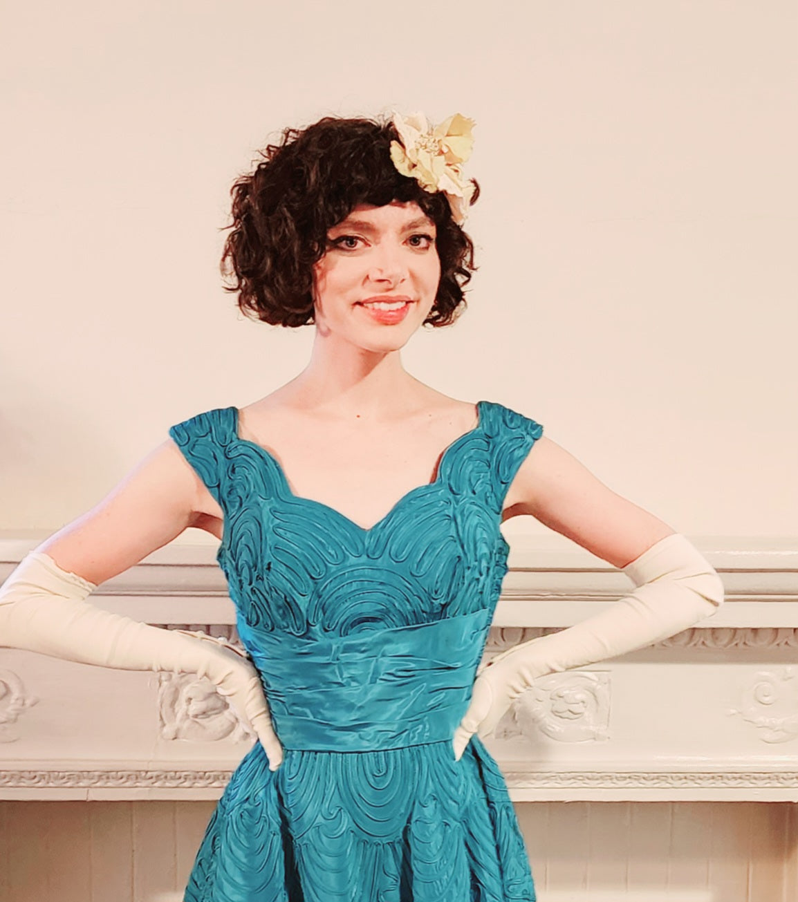 50s Aqua Blue Silk Ribbon Party Dress by Smart Miss / S