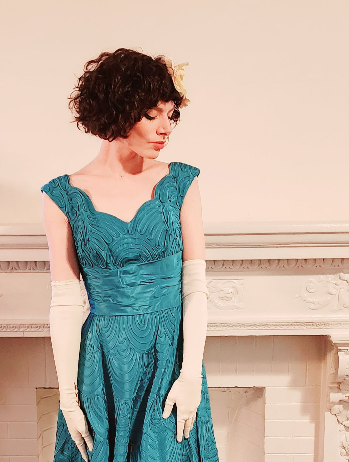 50s Aqua Blue Silk Ribbon Party Dress by Smart Miss / S