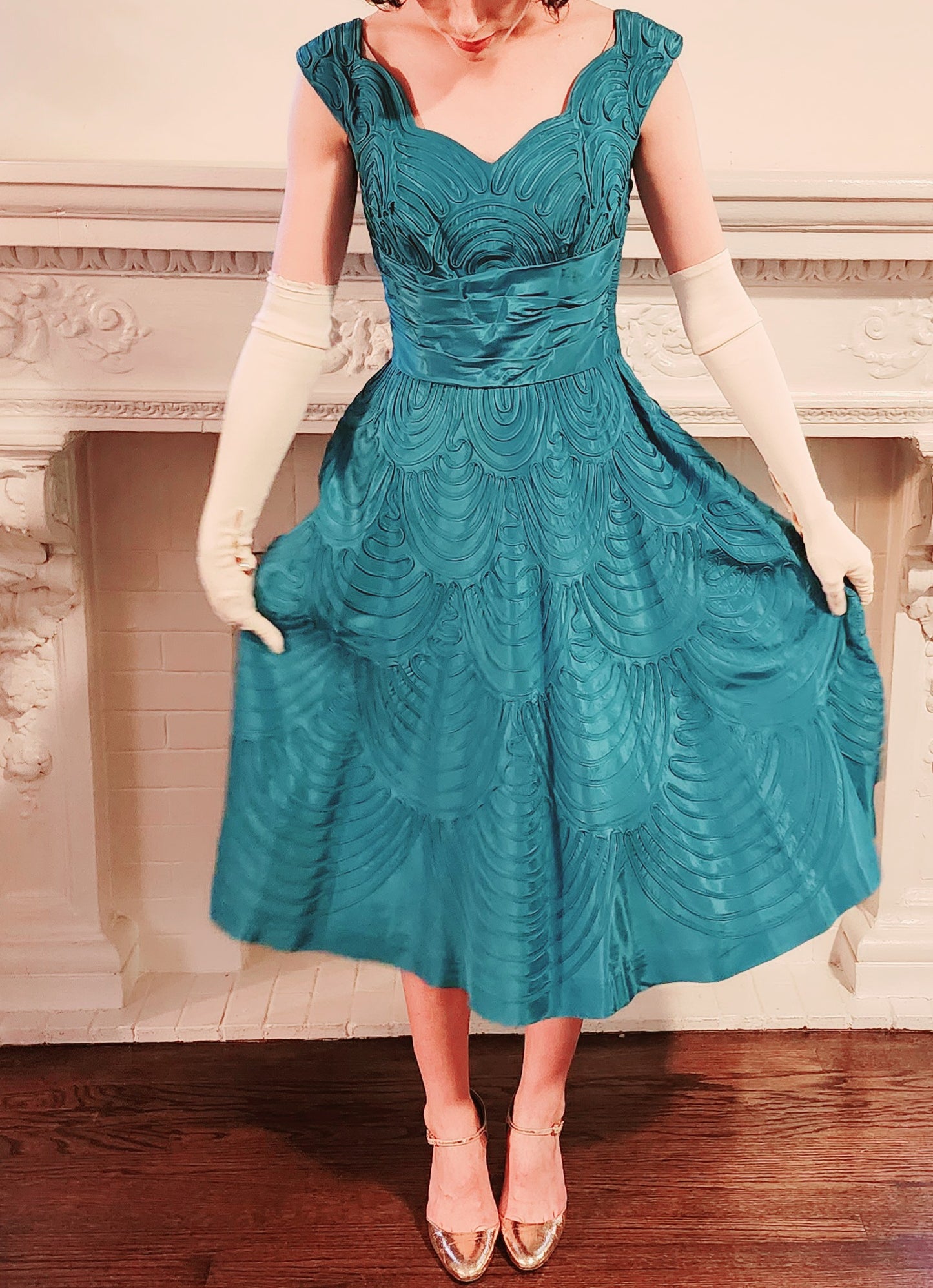 50s Aqua Blue Silk Ribbon Party Dress by Smart Miss / S