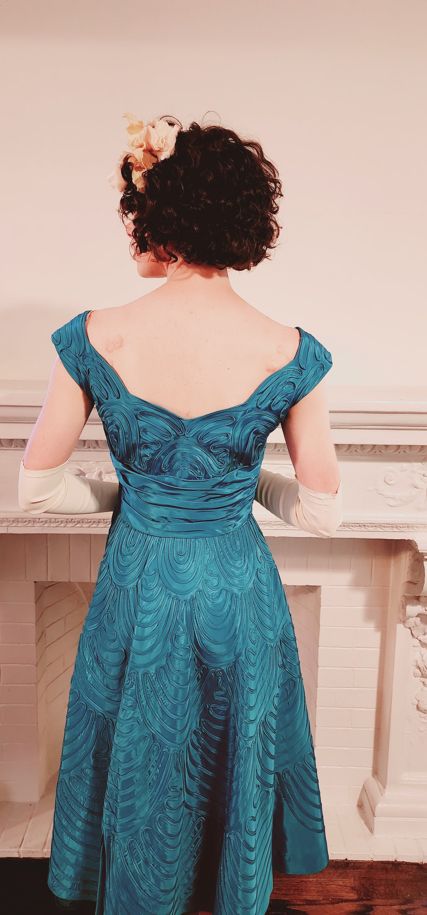 50s Aqua Blue Silk Ribbon Party Dress by Smart Miss / S