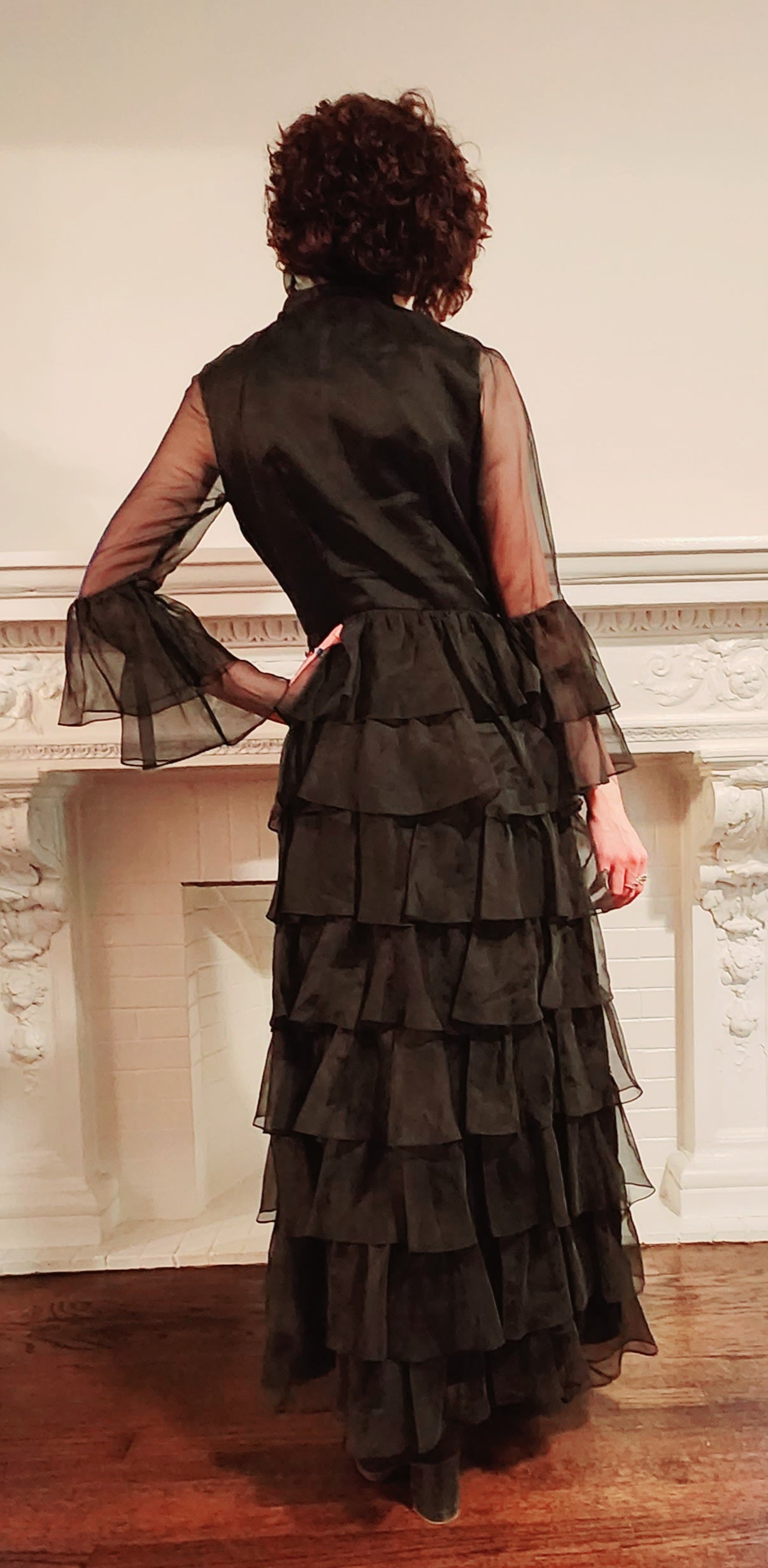 70s Black Maxi Dress in Silk Organza Rhinestone Buttons by Melinda / M