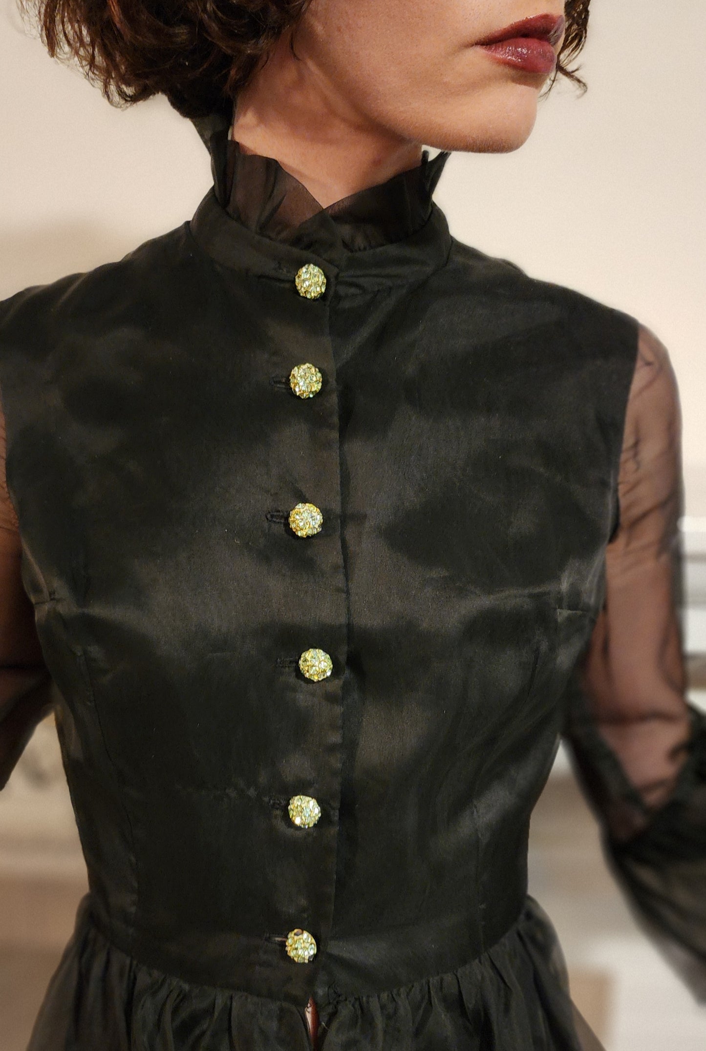 70s Black Maxi Dress in Silk Organza Rhinestone Buttons by Melinda / M