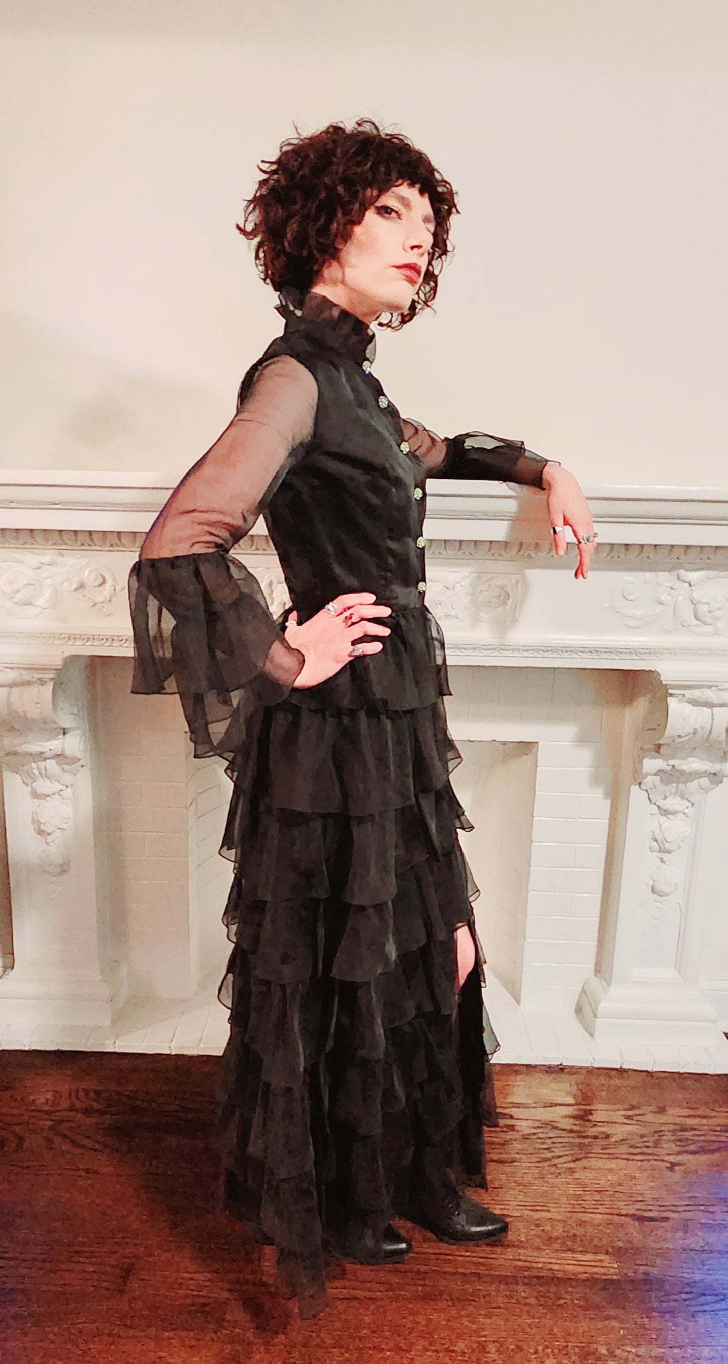70s Black Maxi Dress in Silk Organza Rhinestone Buttons by Melinda / M